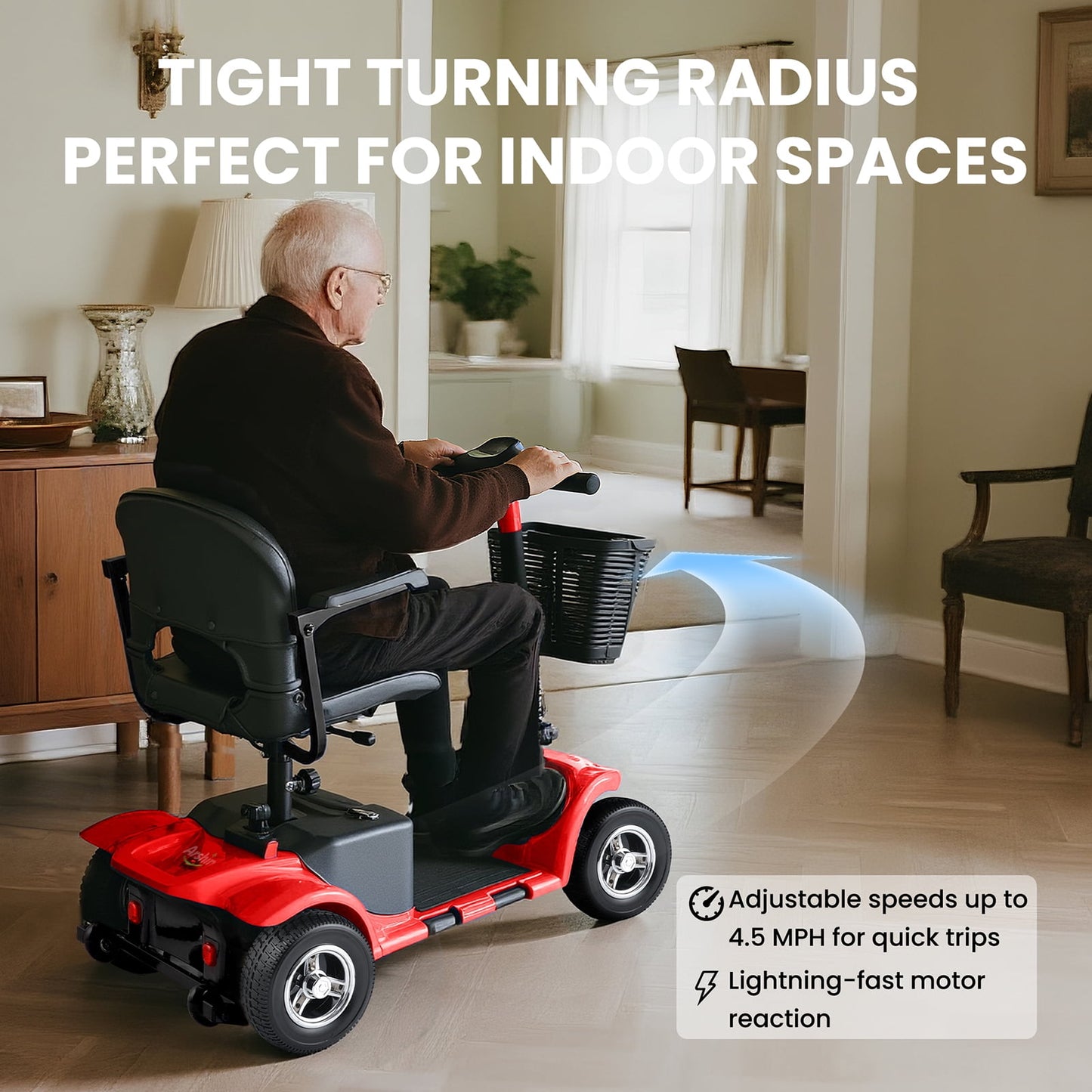 Arshin Mobility Scooter,4 Wheel Mobility Scooter for Adults,Senior,Electric Powered Wheelchair Chargeable Device for Travel,Red