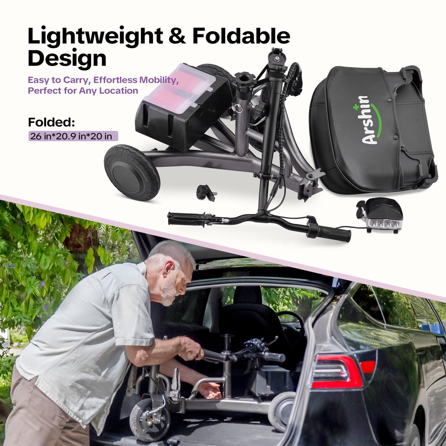 Upgrade Mobility Scooter Lightweight Foldable,All Terrain Mobility Scooters for Seniors & Adults,Arshin 300lbs Mobility Aids for Elderly,2 Batteries,Variable Speed(Gunmetal)