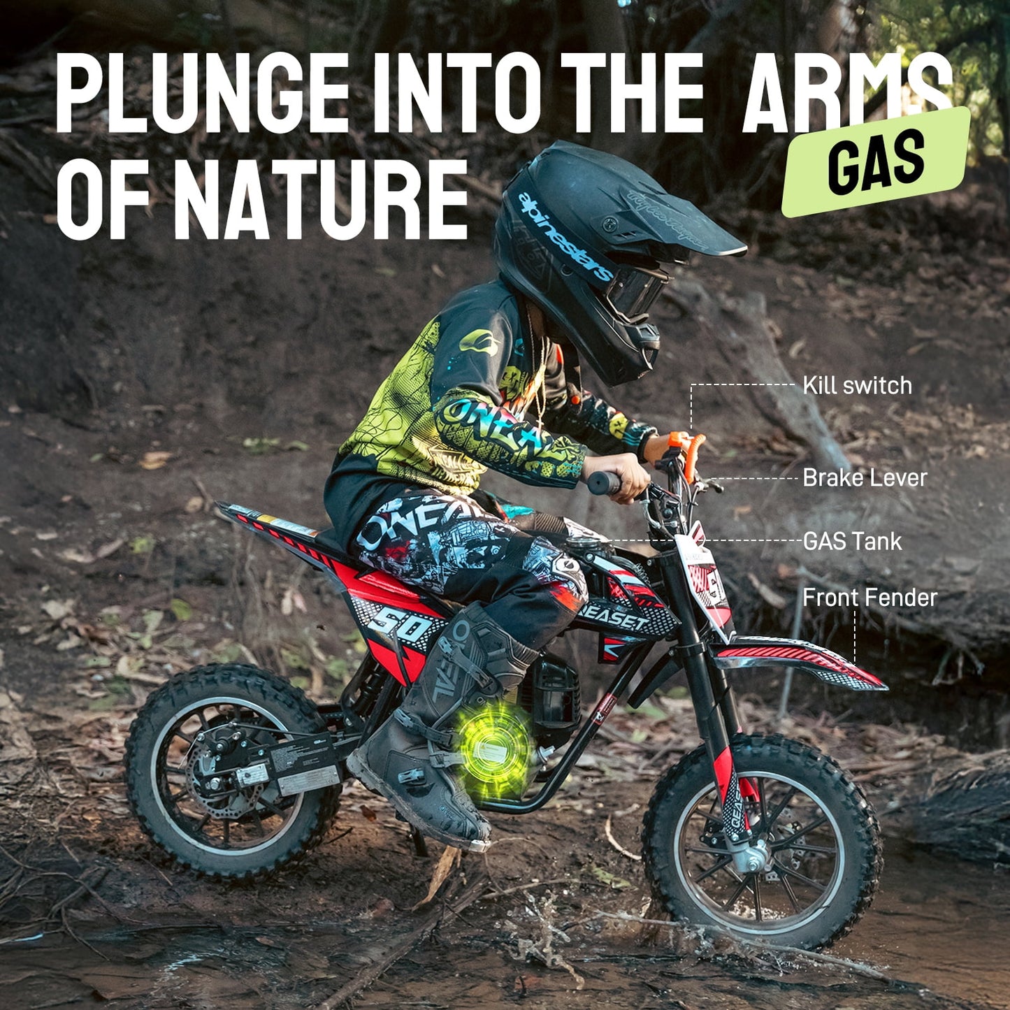 Upgrade Gas Dirt Bike,40cc 4-Stroke Gas Powered Kids Off Road Motorcycle with Off-Road Tire,Suspensions,Disc Brakes,Max Load 165Lbs,Up to 25Mph(Red)