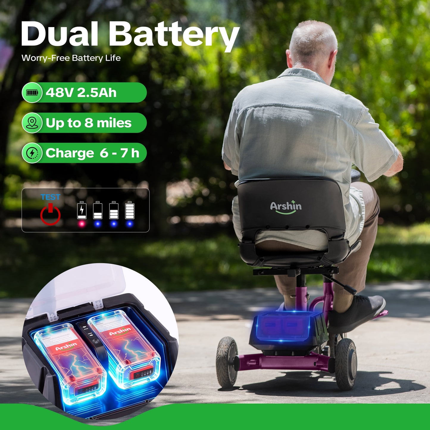 Arshin Mobility Scooters for Seniors & Adults,48V 200W Ultra-Lightweight Mobility Scooter with 300lbs,Foldable Electric Wheelchair 8 Miles Rang,2 Batteries,3.5Mph Variable Speed(Purple)