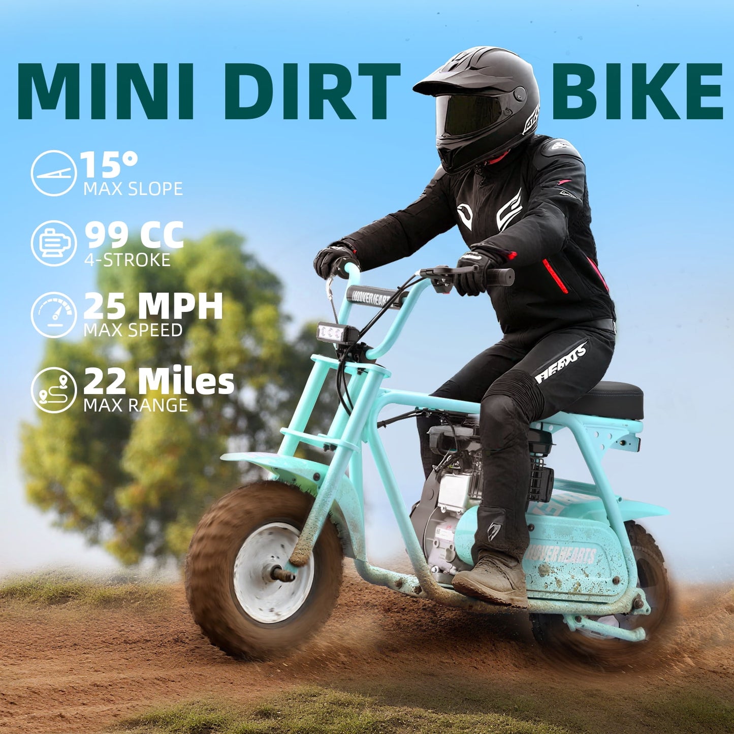 Aoemoe MB001 Gas Powered Mini Dirt Bike 99CC for Teens and Adults, 22MPH Off Road Motorcycle, Weight Support Up to 200 LBS - Teal