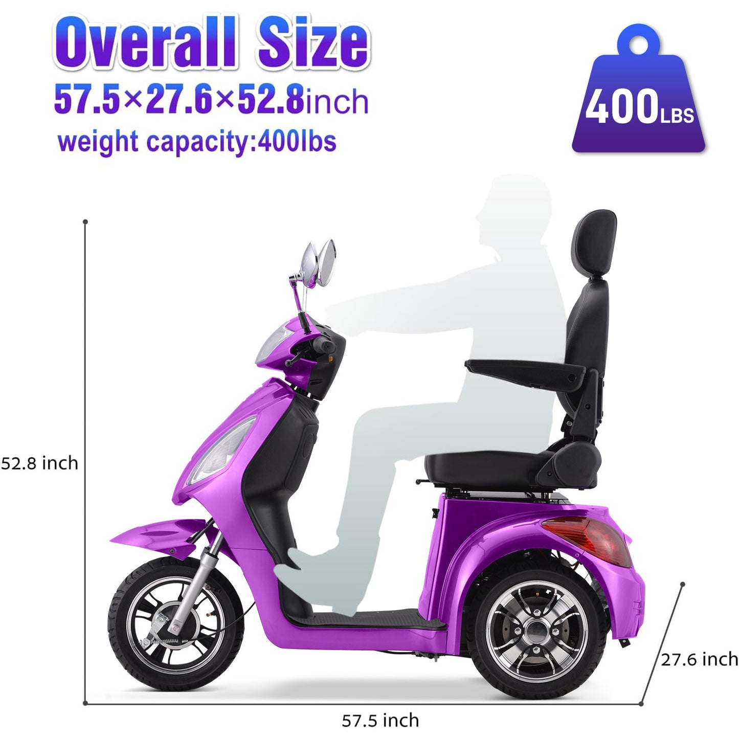 SKRT Electric Large 3 Wheel Mobility Scooters, Heavy Duty Wheelchair Device, 400 LBS Capacity for Seniors & Adults, Speed Adjust, Remote Key, Assembled In US, Receive Ready to Ride