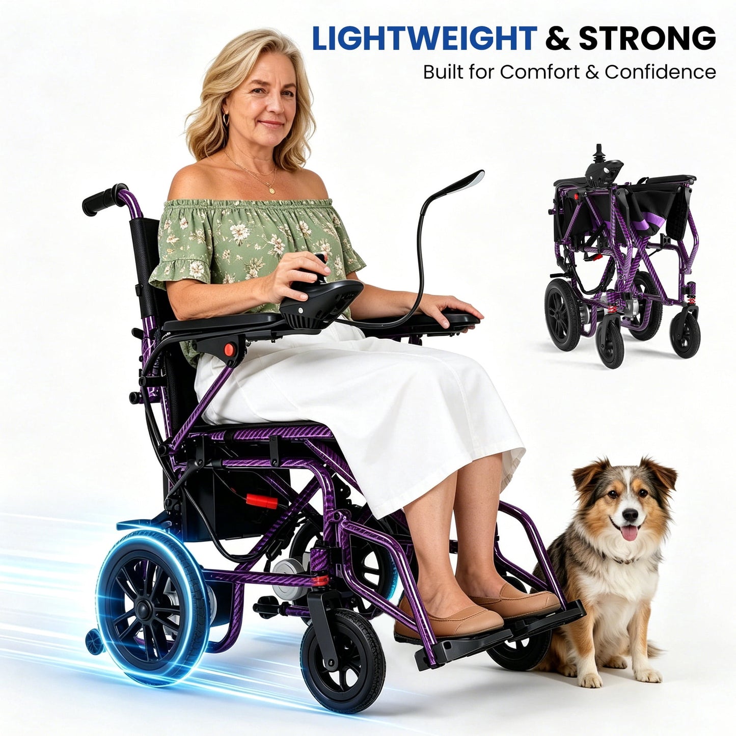 Electric Wheelchairs for Adults，Lightweight Foldable Wheelchair 15 Miles Long Travel Range, 360° Joystick Control Motorized Wheelchair, Support 286 lbs with LED Light Power Wheelchair (Purple)