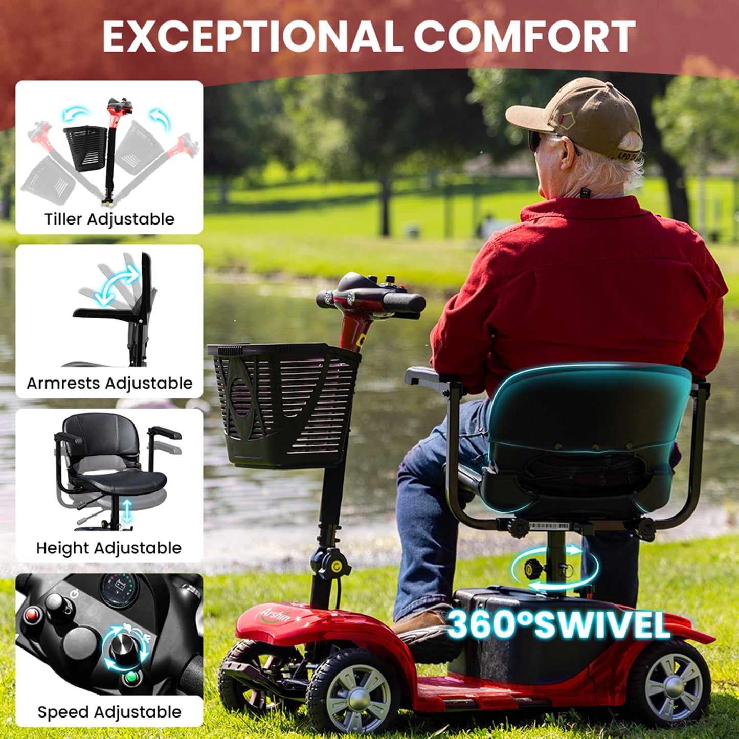 Upgrade 4 Wheels Mobility Scooters for Seniors & Adult,Foldable Electric Wheelchair for Adult,All Terrain Motorized Scooters with 300 LBS,Long Travel Range,Basket,Rotating Seat,Red