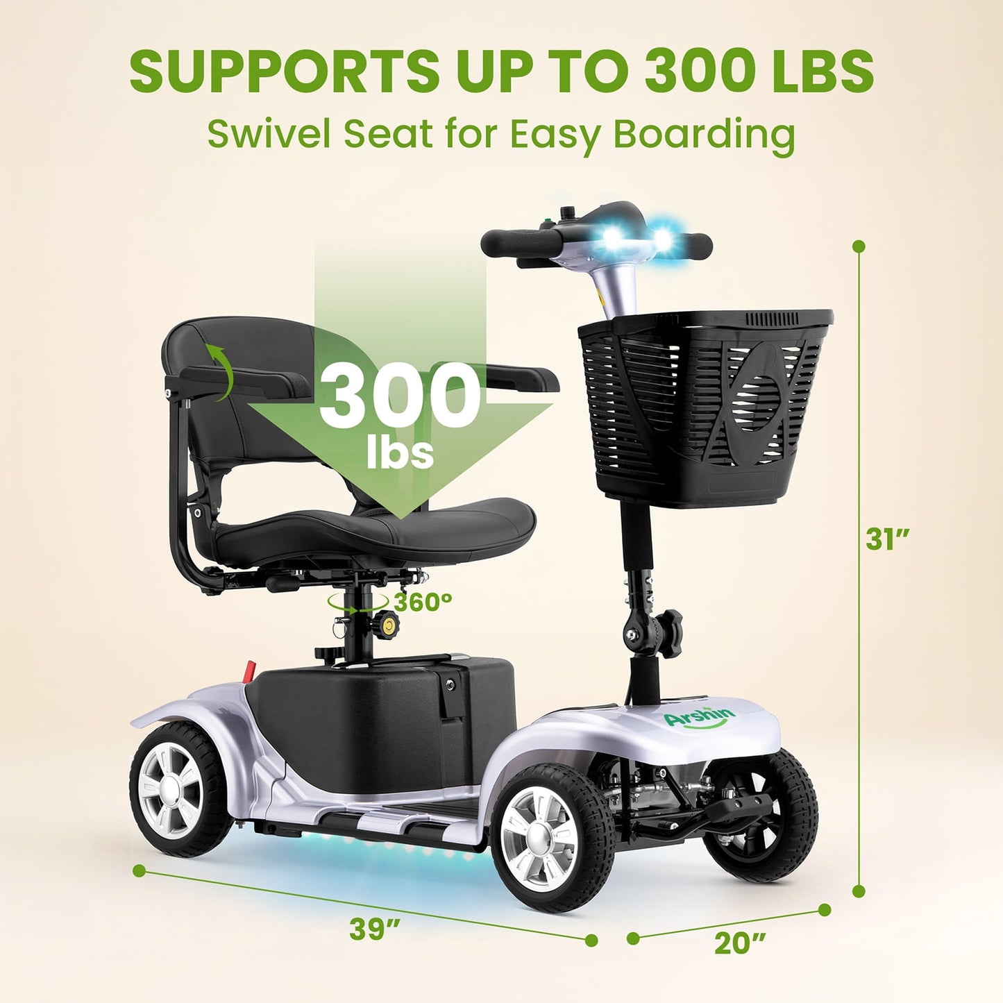 Arshin Mobility Scooters for Seniors,4 Wheels Mobility Scooters Lightweight and Portable,180W 24V Motor,Suitable for Travel,Adults,Elderly(Silver)