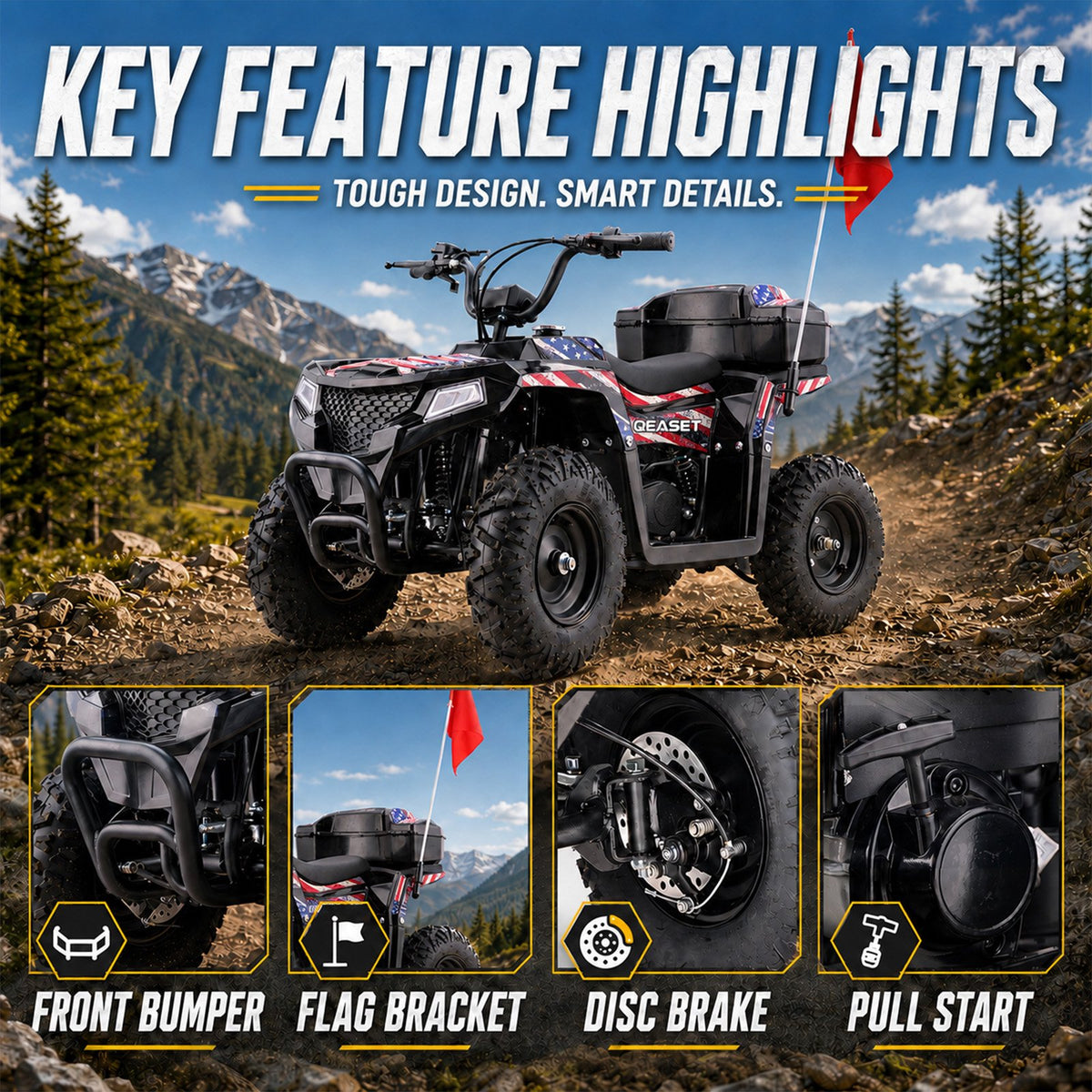 39cc Teen Gas ATV, Gas Powered 4 Wheeler for Teens 13+, 4-Stroke Beginner ATV, Up to 15 MPH, Adjustable Speed, Safety Switches, Front & Rear Brakes Flag