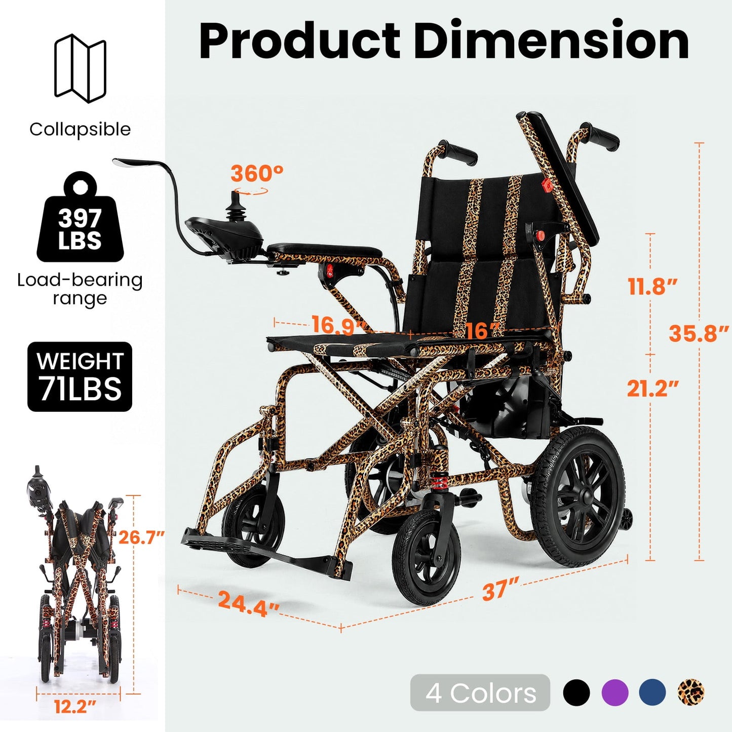 Arshin Electric Wheelchair for Adults - 20+ mile Motorized Wheelchair with 286+ lb Capacity,360°Joystick Control,Lightweight Foldable(Leopard Brown)