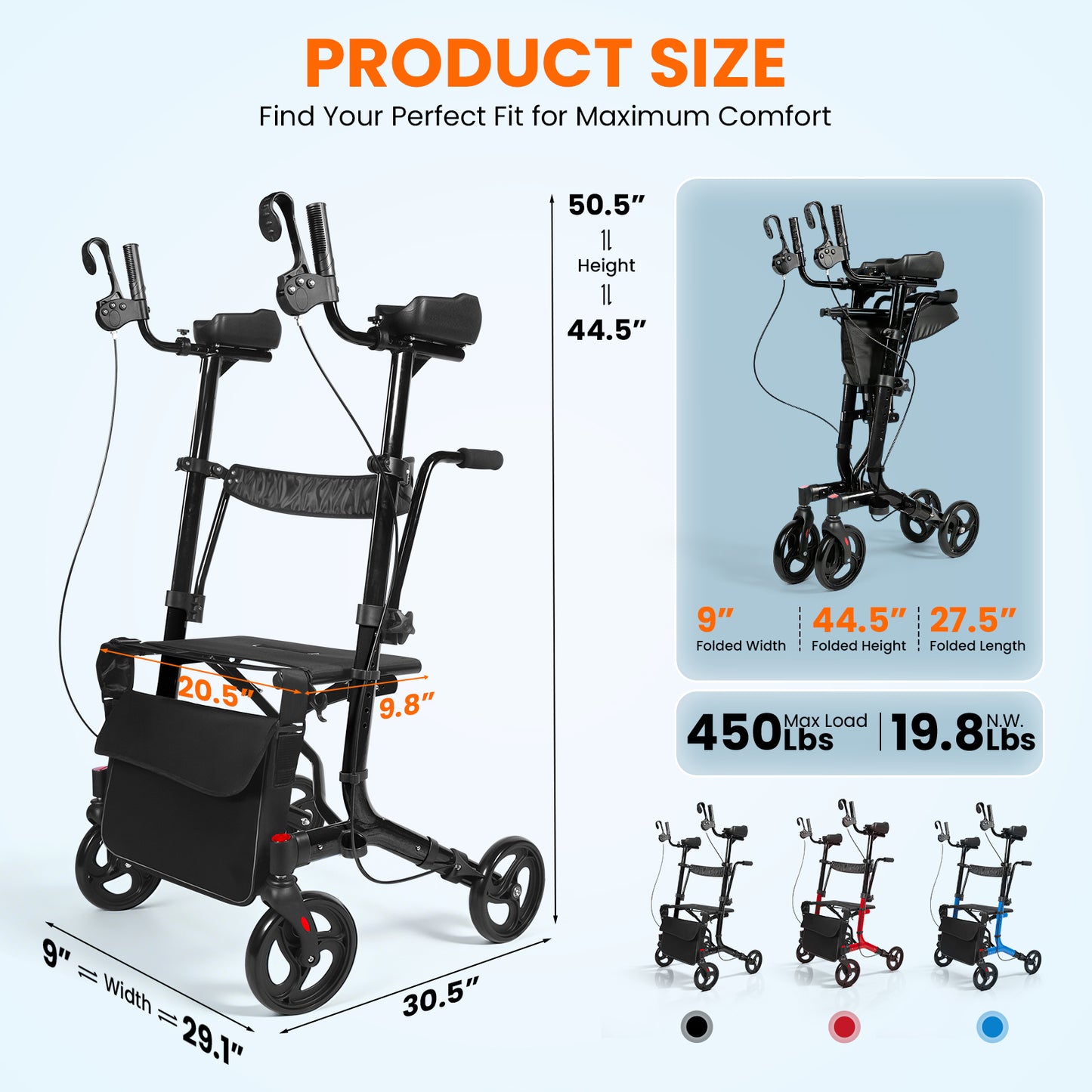 LiltJan 2-in-1 Upright Rollator Walker for Seniors - Lightweight Foldable Walker with Seat & Adjustable Arm Supports, Standing & Seated Transport Chair, 300 lbs Capacity