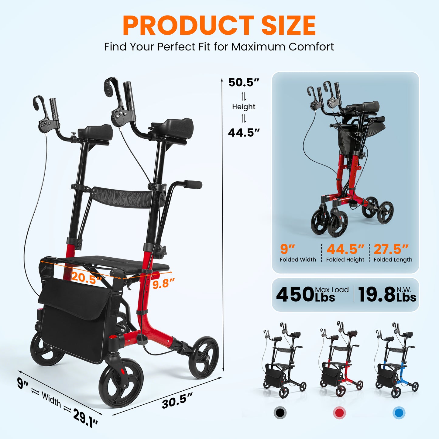 LiltJan 2-in-1 Upright Rollator Walker for Seniors - Lightweight Foldable Walker with Seat & Adjustable Arm Supports, Standing & Seated Transport Chair, 300 lbs Capacity