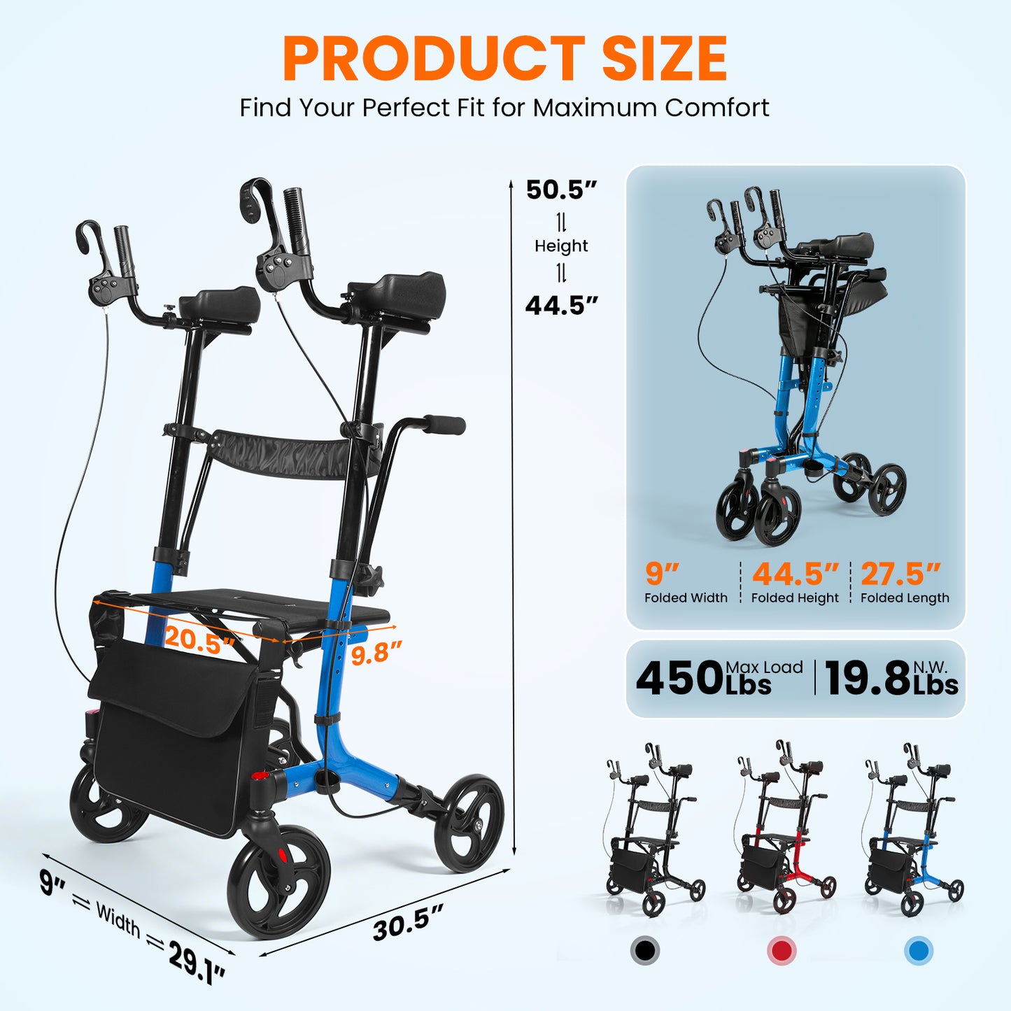 LiltJan 2-in-1 Upright Rollator Walker for Seniors - Lightweight Foldable Walker with Seat & Adjustable Arm Supports, Standing & Seated Transport Chair, 300 lbs Capacity