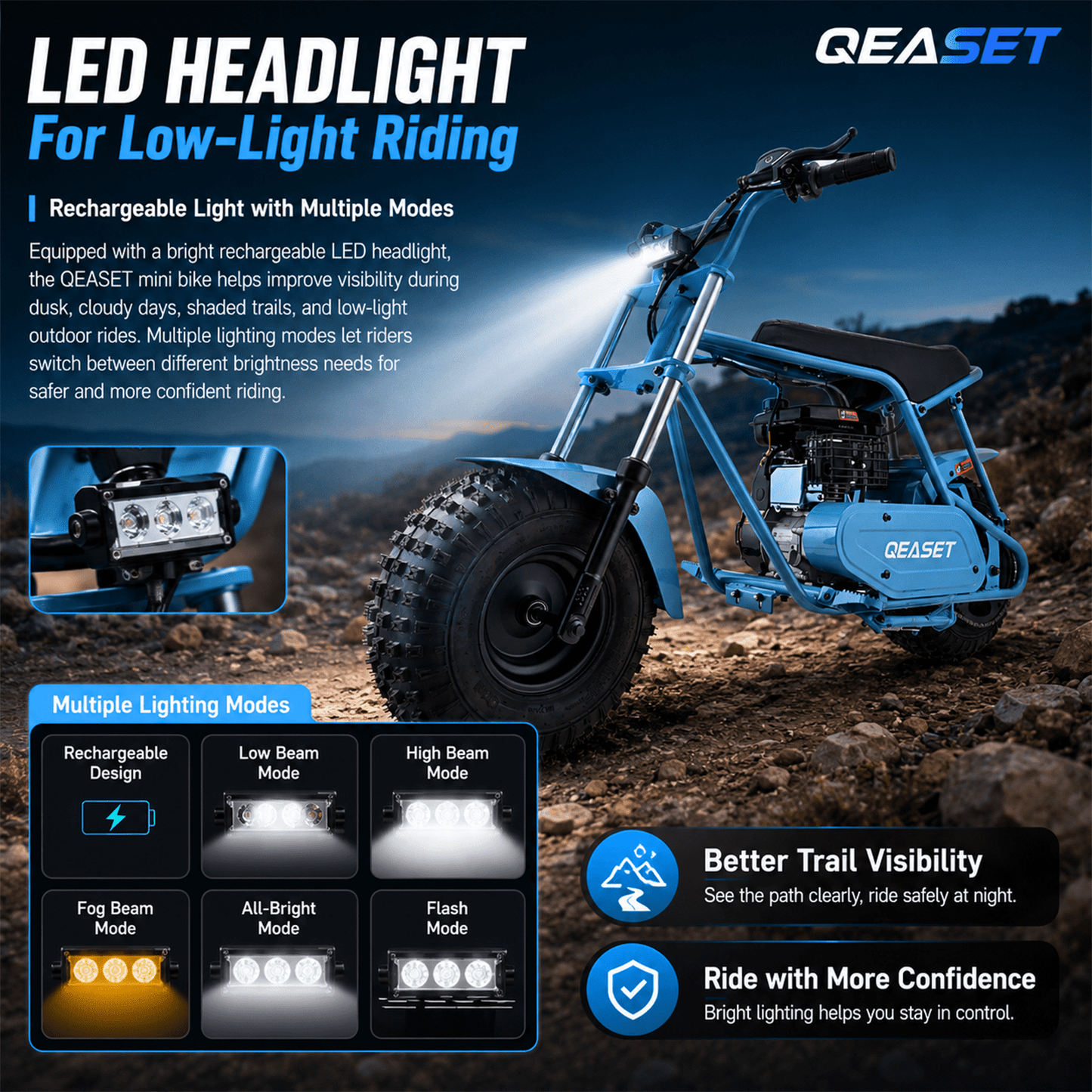QEASET 105CC 4-Stroke Mini Bike with Shock Absorption, Off-Road Motorcycle, Blue