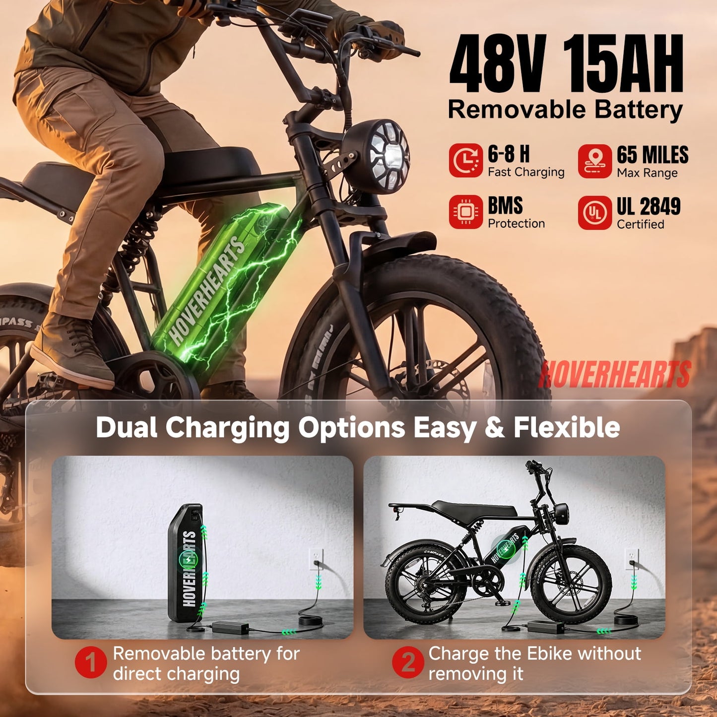 HOVER HEART 20" Fat Tire E-Bike 500W Electric Bicycle for Adults 48V 15Ah 28mph 7 Speed Hydraulic Brakes Retro Style Electric Bike with LCD Display