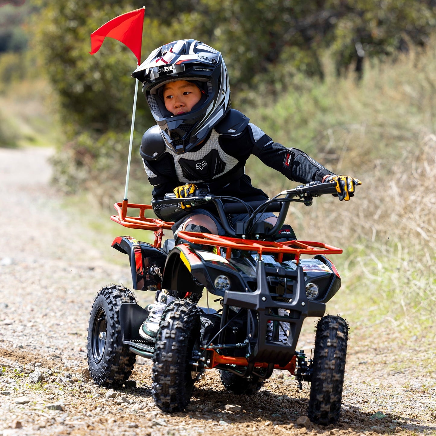 36V Electric 500W Motor 4‑Wheeler with Dual Shock Absorber Suspension, IVFJFV 4‑wheel Off‑Road Tires & Anti‑Collision Safety Flag for Age 8‑14 for Backyard Leisure & Rough Ground Trips,Flame