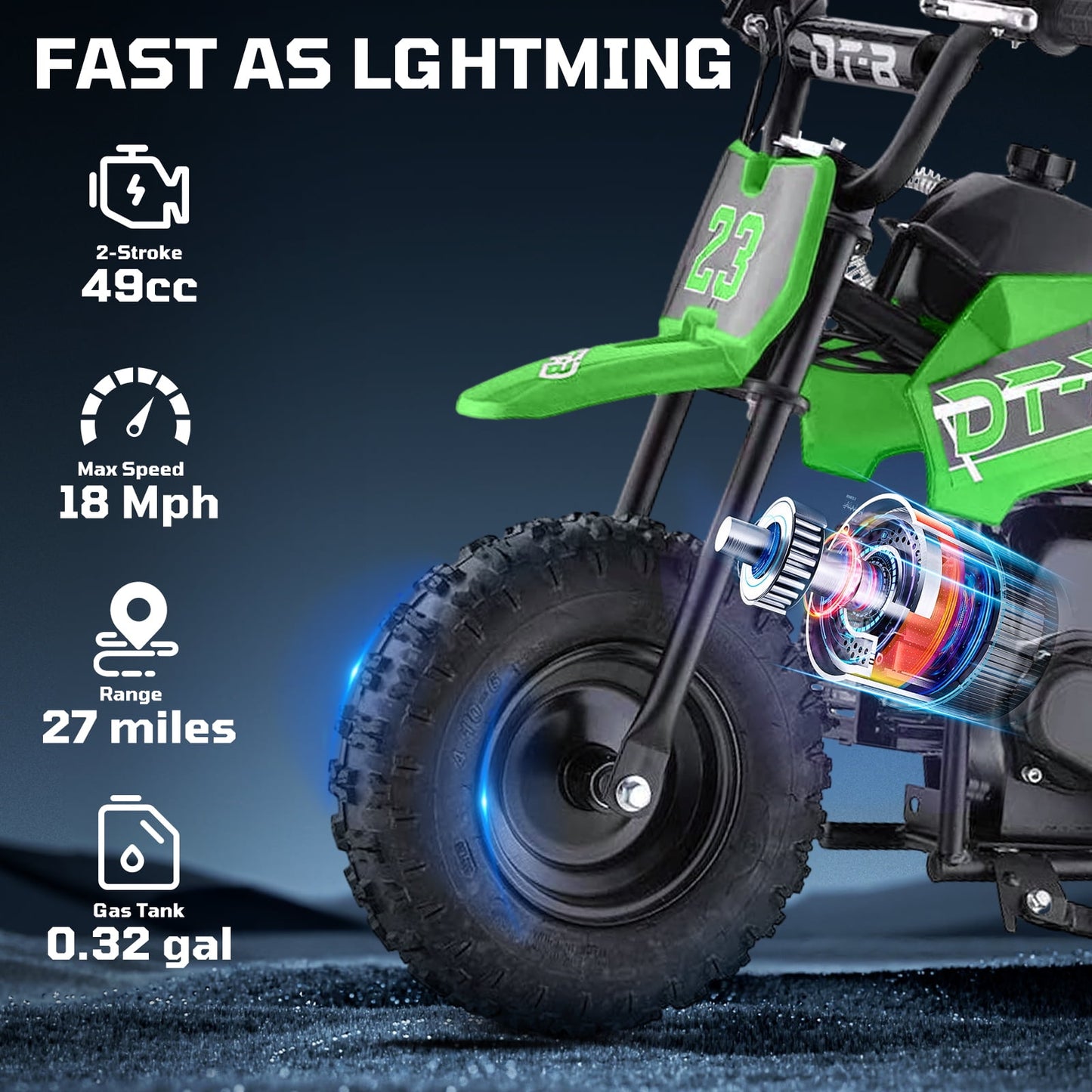Aoemoe Mini Kid Dirt Bike, 49 CC 2-Stroke Gas Bike with Off-Rode Tire, Suspensions, Disc Brakes, Max Load 160Lbs, Up to 20Mph, EPA Approved