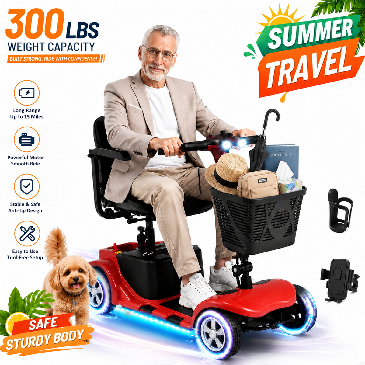 LiltJan Foldable Mobility Scooter for Adults Elderly– 4-Wheel Portable Motorized Scooter with 300 lbs Capacity, Detachable Battery，Including Charger Red