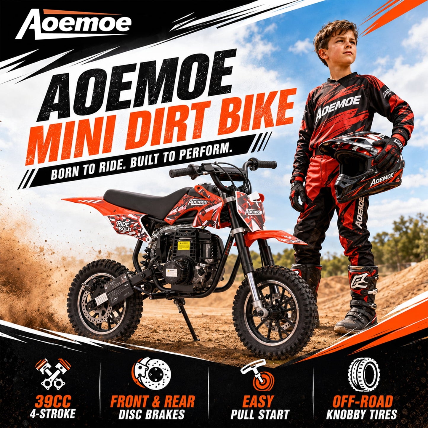 Aoemoe 49cc Kids Dirt Bike, Gasoline Powered 2-Stroke Mini Motorcycle, 1-Seater, Red