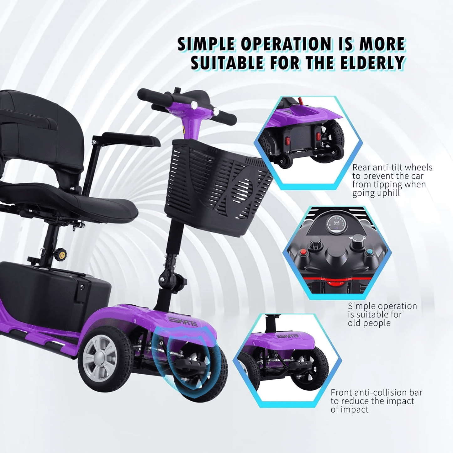 Aoemoe 4 Wheels Mobility Scooter for Adults, Senior Electric Powered Chargeable Device for Travel, Lightweight and Portable, with LED Headlights and Basket, Charger Included (Purple)