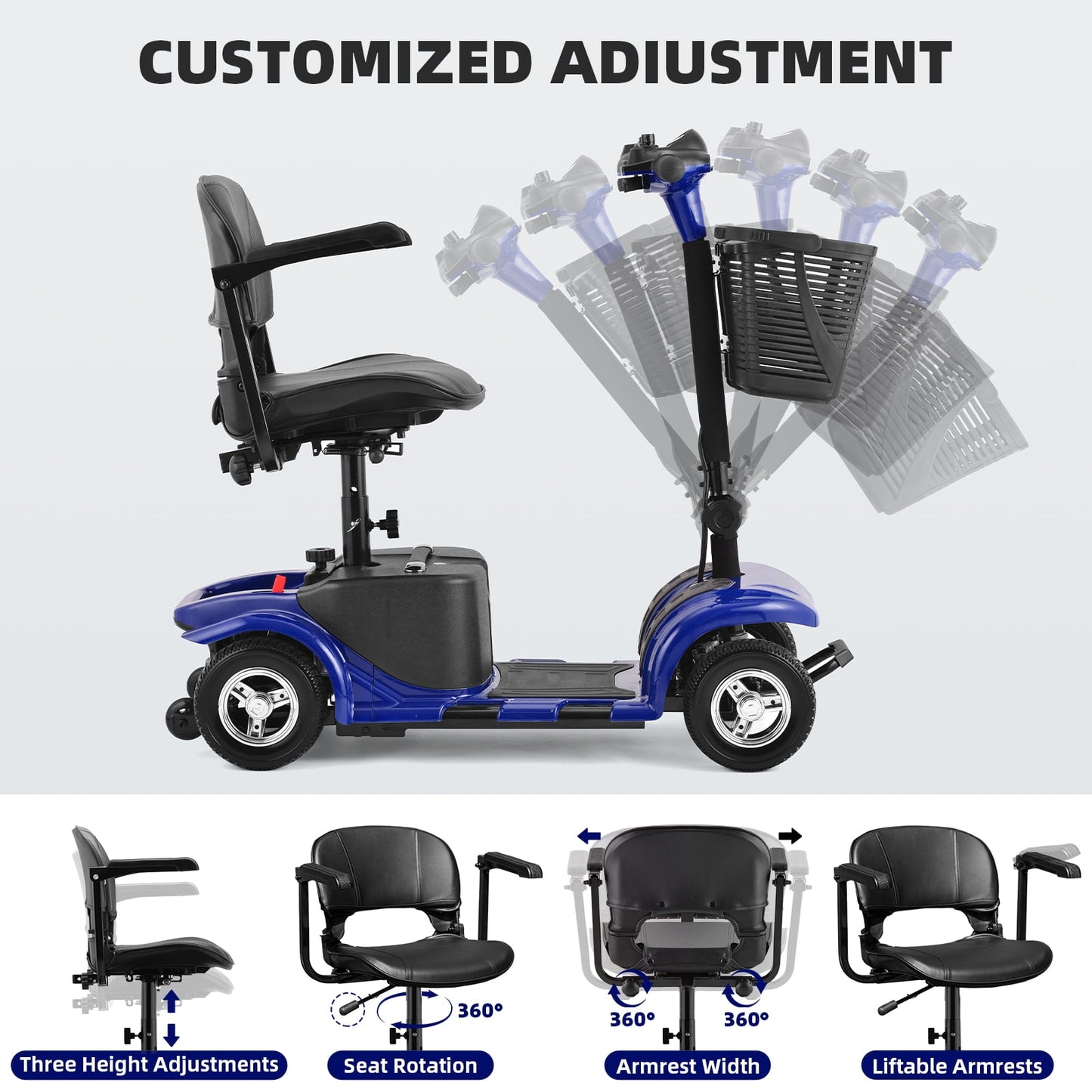 Arshin Mobility Scooters for Seniors,4 Wheels Outdoor Mobility Scooters Lightweight and Portable,180W 24V Electric Mobility Scooters with High-Power Motor,Suitable for Travel,Adults,Elderly(Blue)