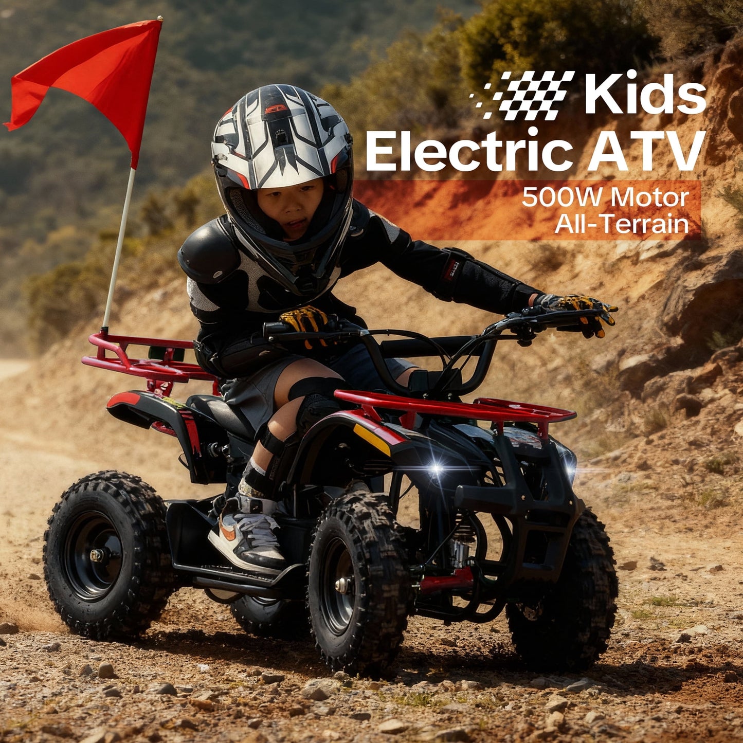 36V Electric 500W Motor 4‑Wheeler with Front & Rear Suspension, IVFJFV Electric 4‑wheel Off‑Road Deep‑Tread Tires & Safety Warning Flag & Bright LED Headlights,Orange