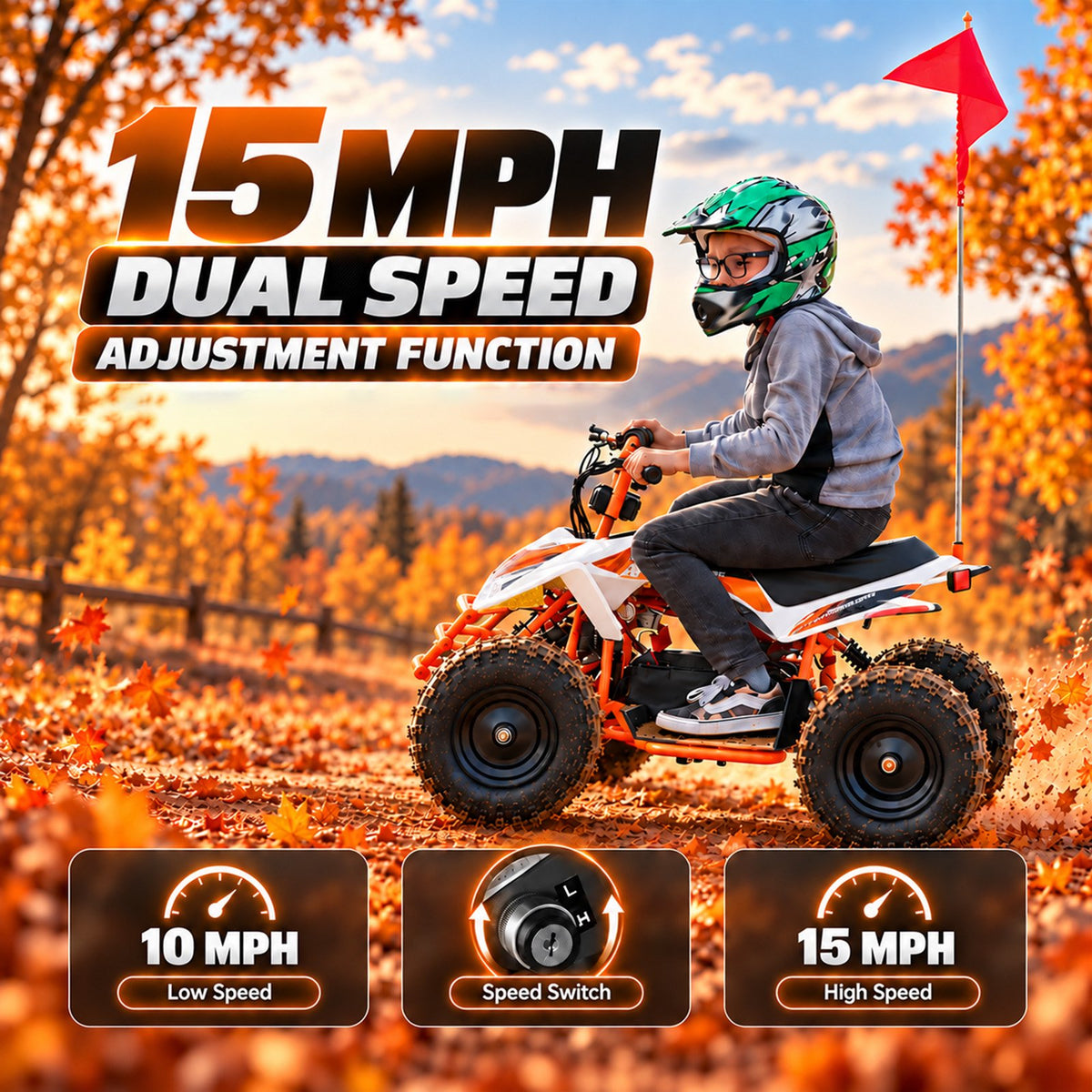 IVFJFV Powered 4 Wheeler,500W Electric 4 Wheeler with Dual Speed Adjustment,36V Four Wheeler Max 15 MPH, Front & Rear Shock Absorbers, All-Terrain Tires and Safety Disc Brake,ORANGE