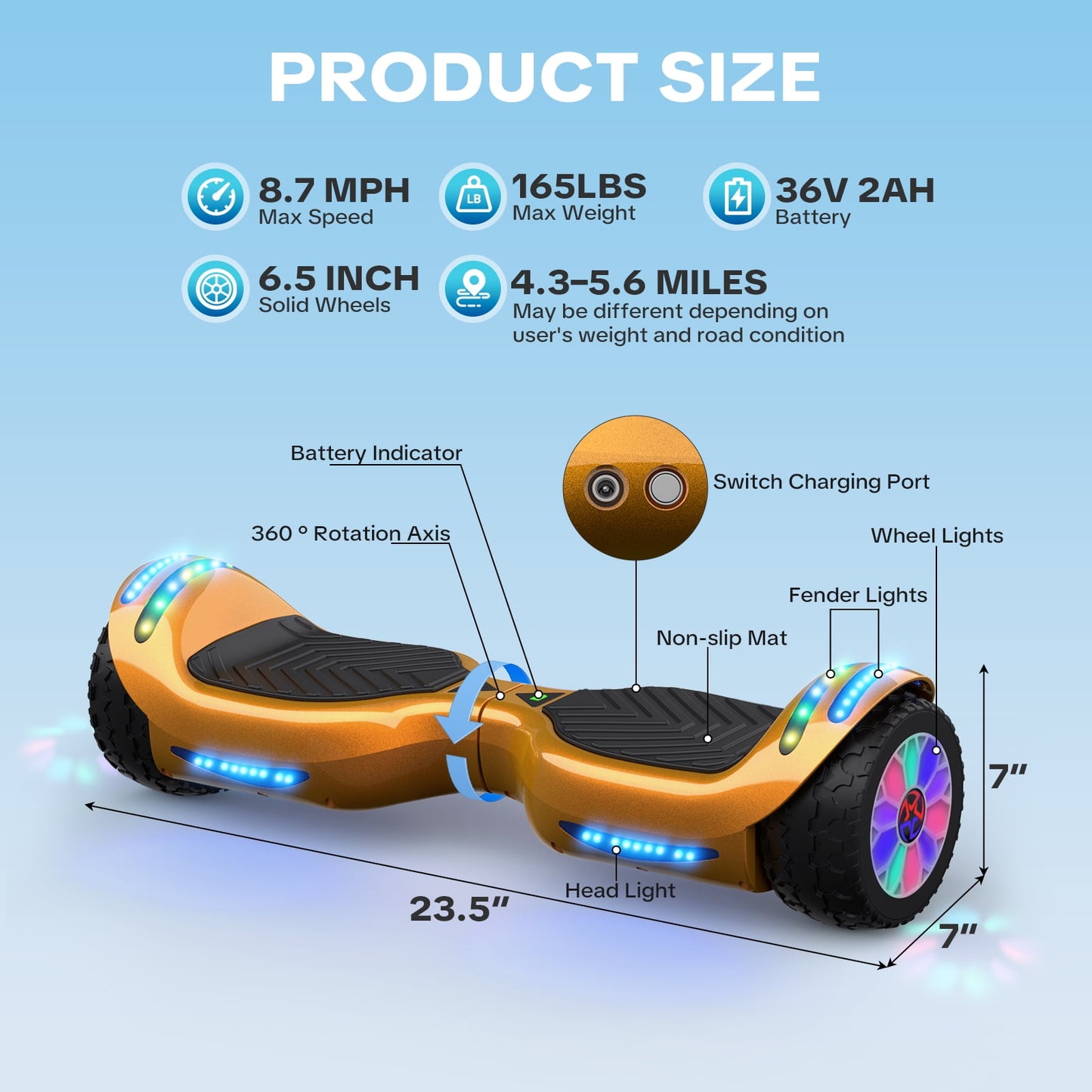 Hoverboard for Kids with 9 mph Max Speed, Tcdjtc Electric Scooters with LED Lights & Bluetooth Speakers, All Terrain Hoverboard for Adults, Off Road Hoverboard with UL2272 Certified