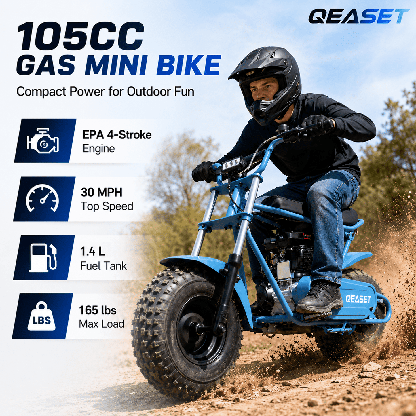 QEASET 105CC 4-Stroke Mini Bike with Shock Absorption, Off-Road Motorcycle, Blue