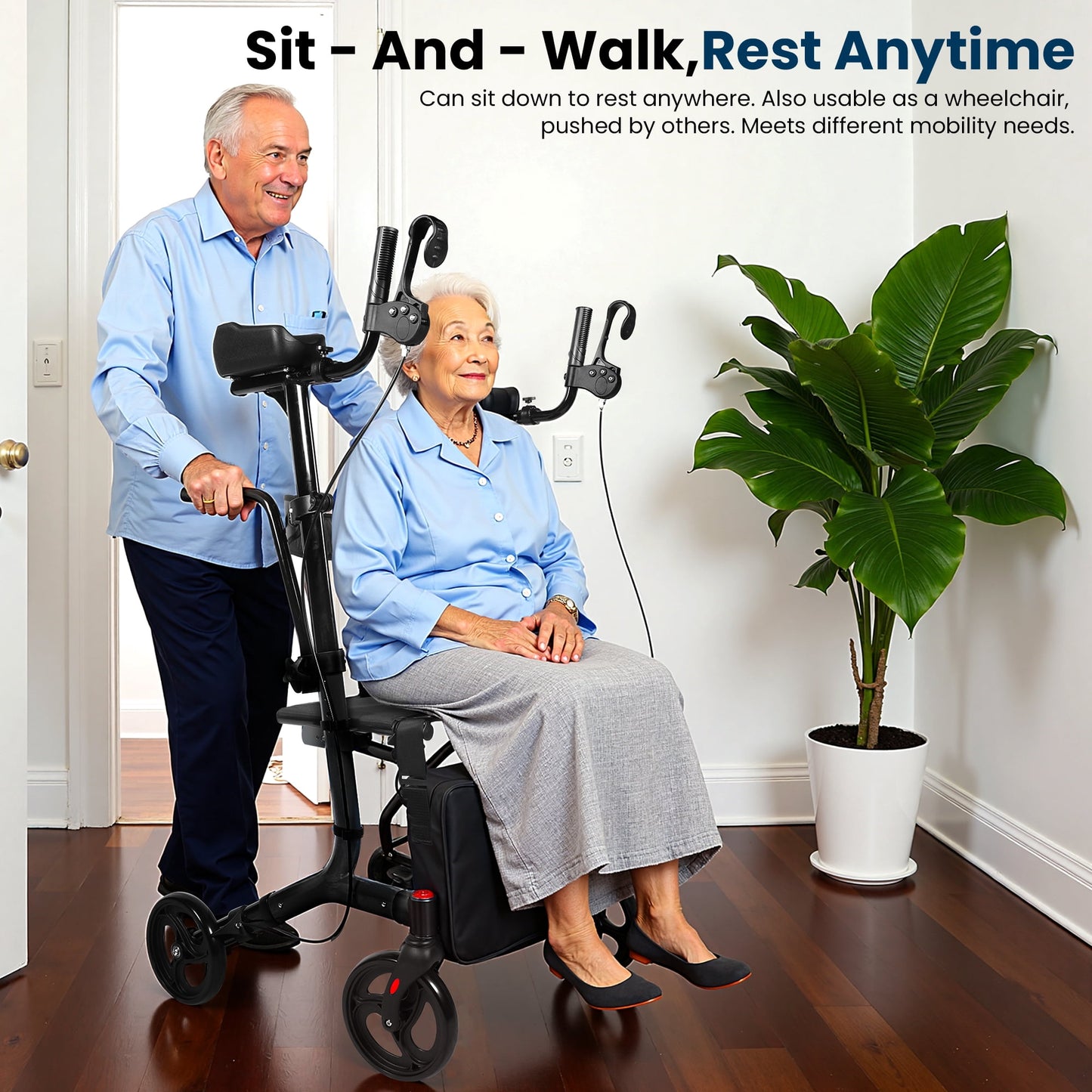 All Terrain Upright Walker with Flat-Free Solid Rubber Tires,Outdoor Stand Up Walker for Seniors,Tall Standing Rollator with Seat,450 lb Capacity,22 lbs Lightweight,Foldable Footrest(Blue)
