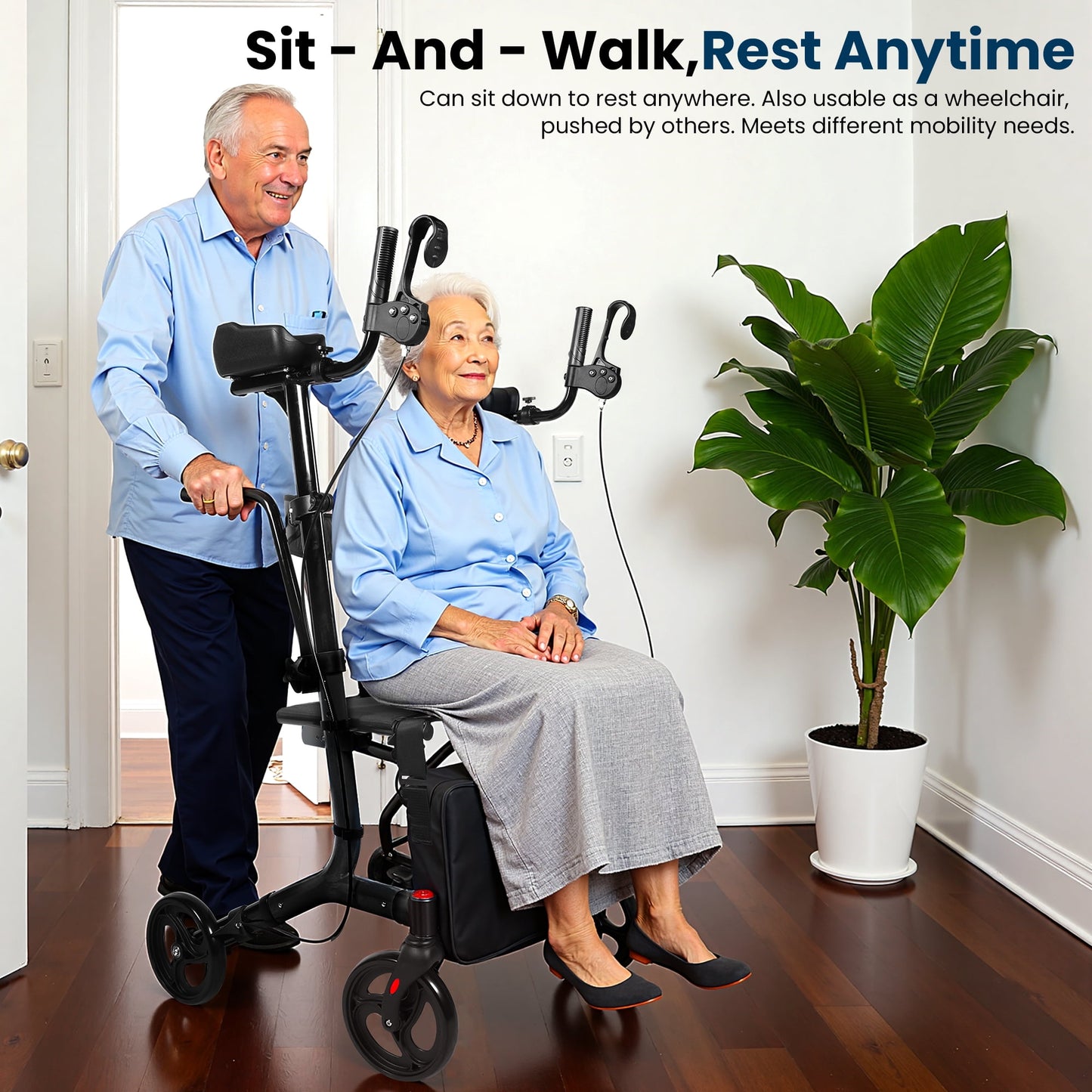QEASET Black Upright Rollator Walker, Folding Wheelchair, Mother's Day Gift