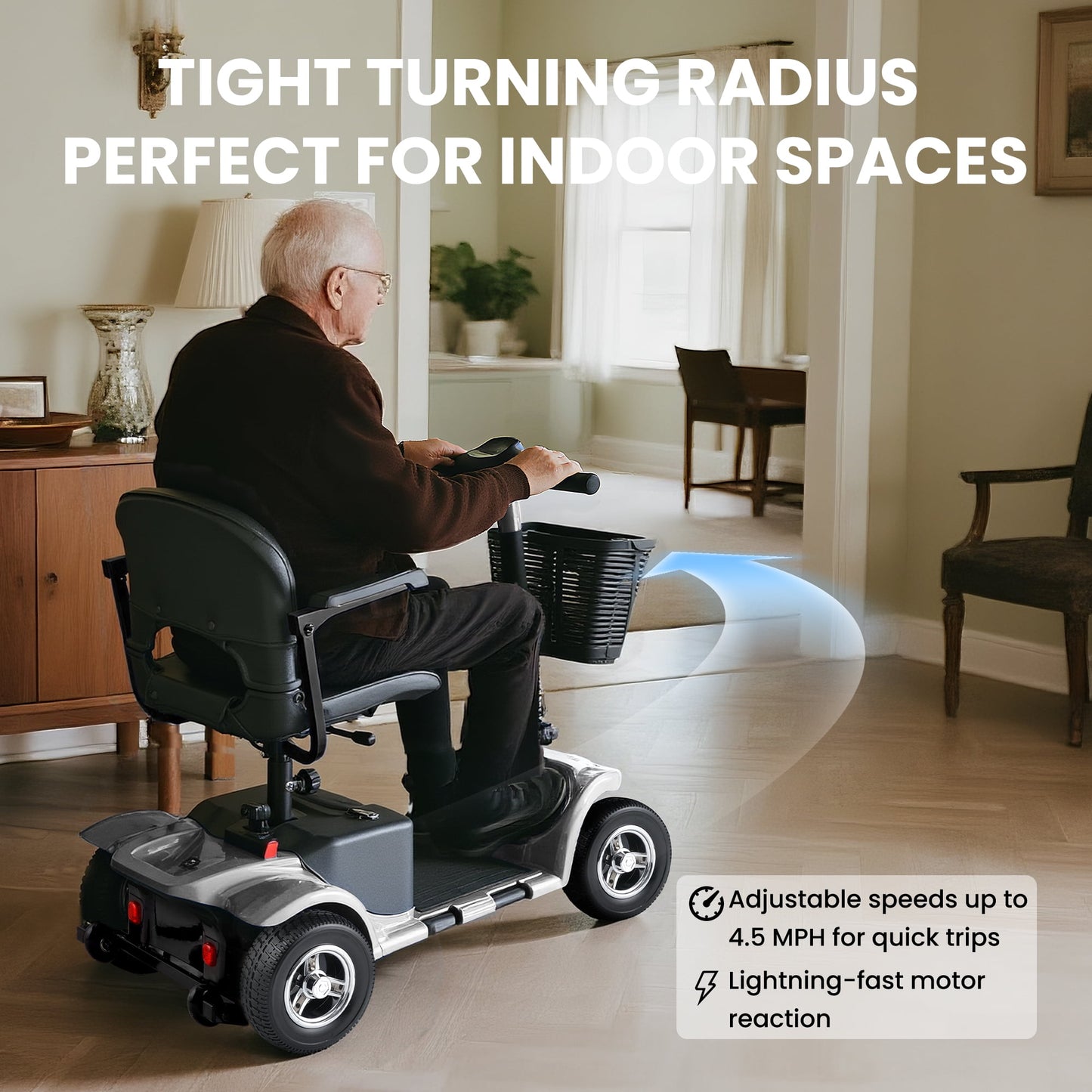 Arshin Upgrade 4 Wheels Mobility Scooter with Removable Battery,Compact Heavy Duty Mobile for Travel,Foldable Powered Wheelchair for Adult,300lbs,Silver