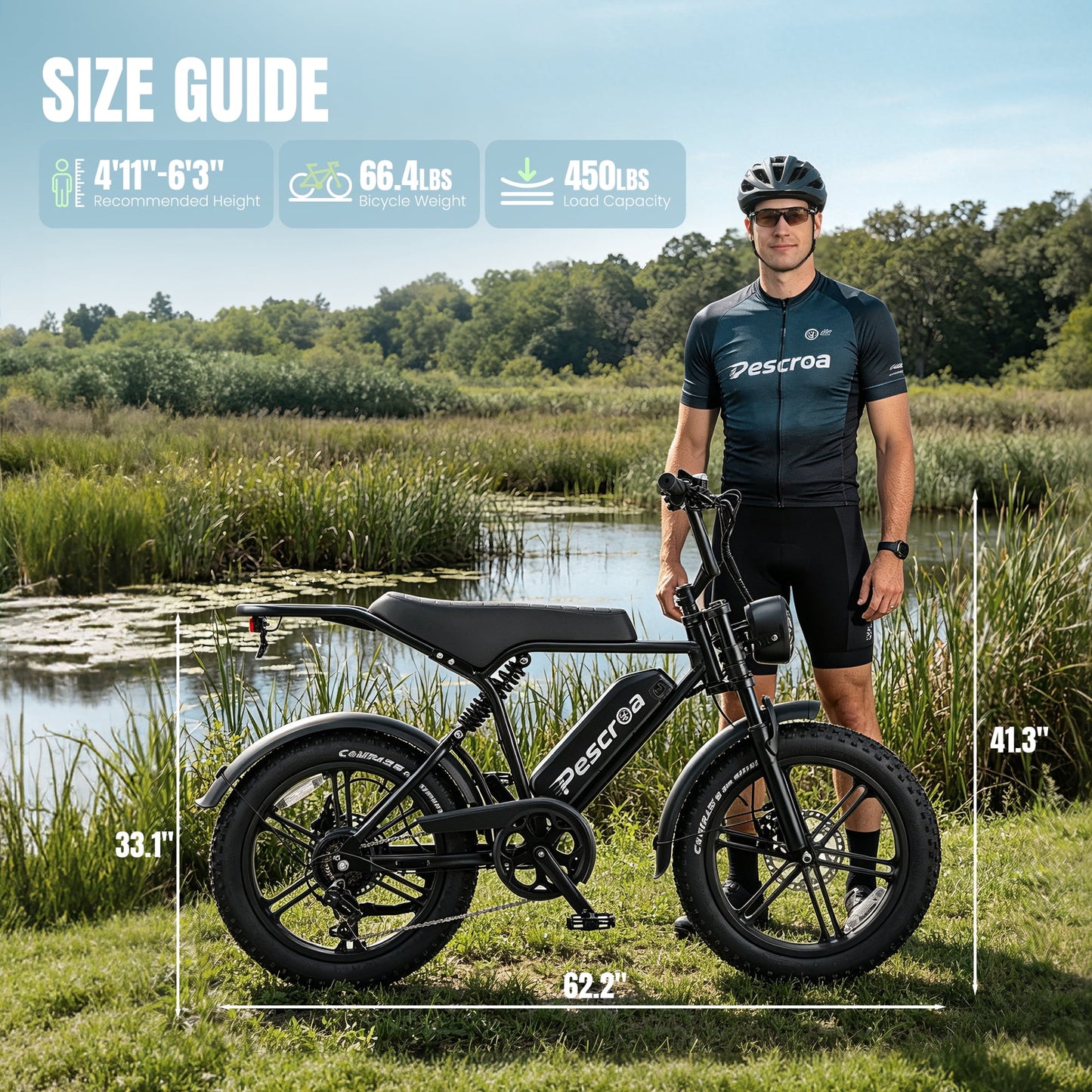 Pescroa E-Bikes for Adults, 1500W Peak Motor Electric Bike for Adults, 20" Fat Tire Electric Bike with 70-100 Miles, 7-Speed Electric Mountain Bike