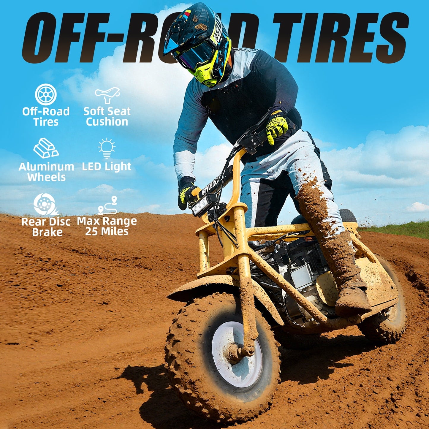 QEASET 99cc Dirt Bike, Gas Powered, 4-Stroke with LED Headlight, 25MPH Minibike Trail Bike, Pull Start, Poucket Bike for Teenager and Adult, Summer Gift