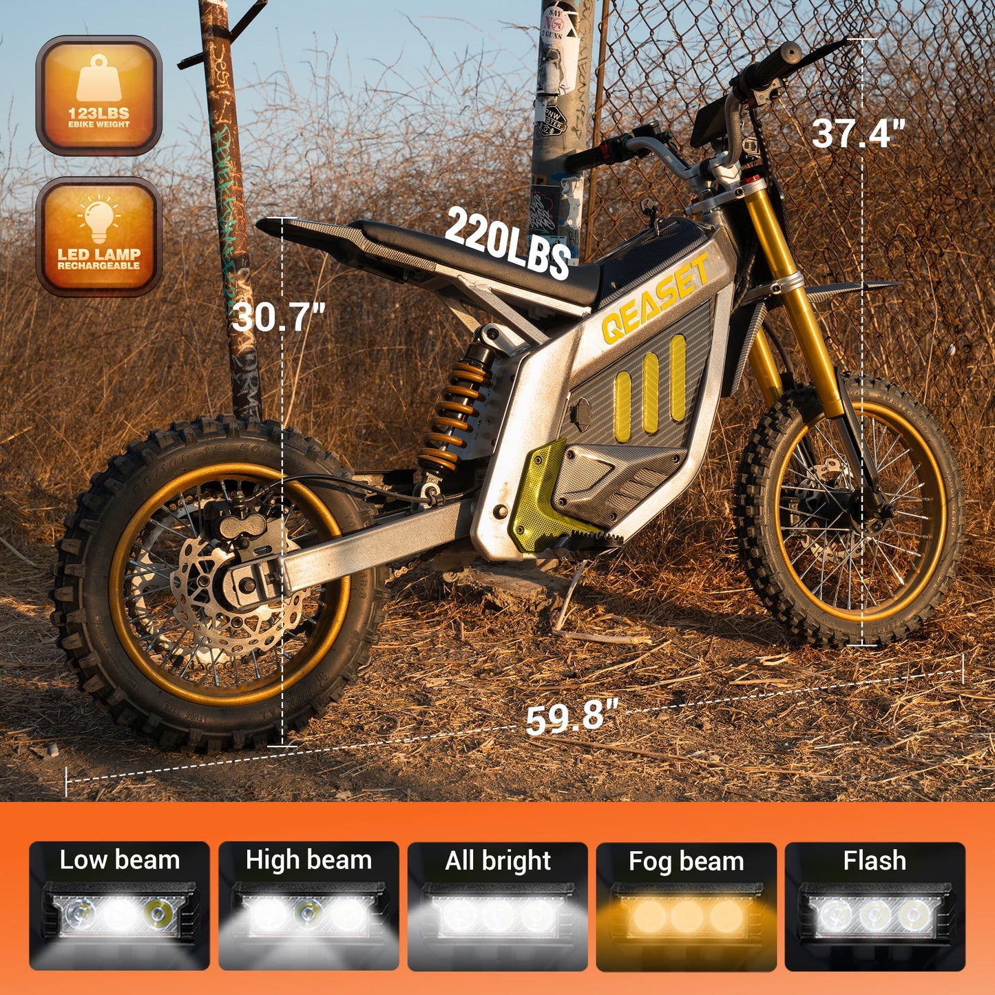 3000W Electric Dirt Bike for Adults-42MPH Max Speed,48V 30Ah LFP Battery,50+Mile Range,Full Suspension,Fat Tires,Dual Hydraulic Brakes,Off-Road Electric Motorcycle by Arshin,Gold