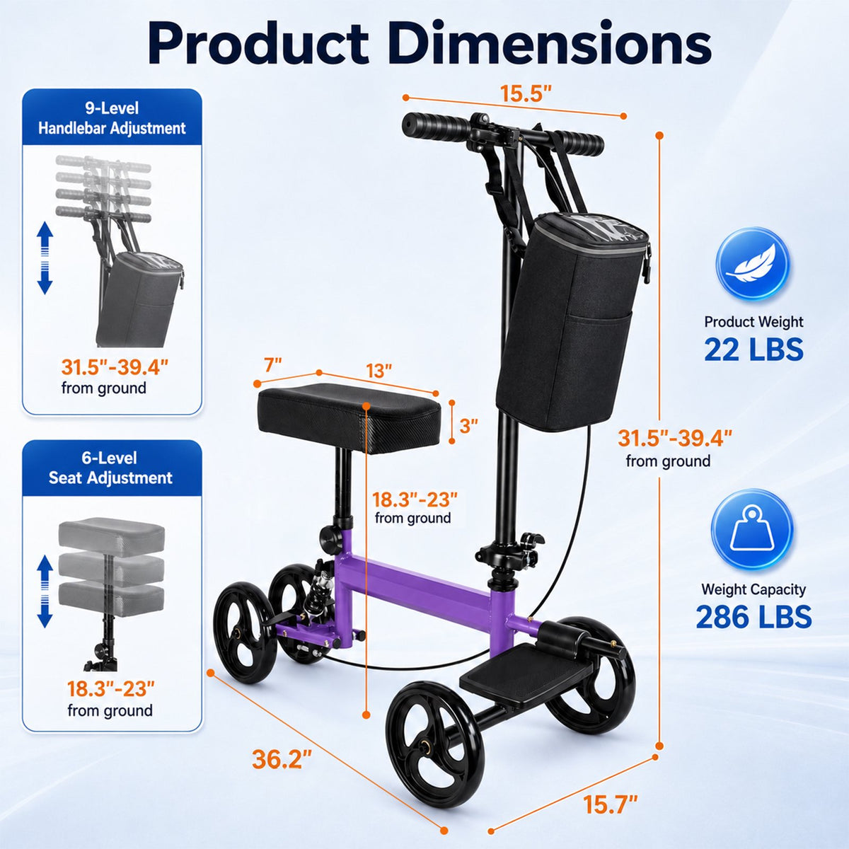 Ostrina All Terrain Knee Scooter,Foldable Knee Walker for Foot Injuries,Adult Knee Scooter with 8" Wheels,Compact Crutches Alternative,Purple