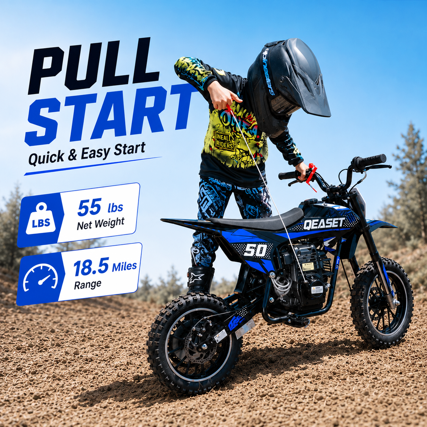 QEASET Mini Gas Powered Ride-On Motorcycle, 39CC 4-Stroke Engine with Disc Brakes, 20 MPH Top Speed, 6.3" Ground Clearance, Supports Up to 165 lbs, Minimal Assembly, Blue