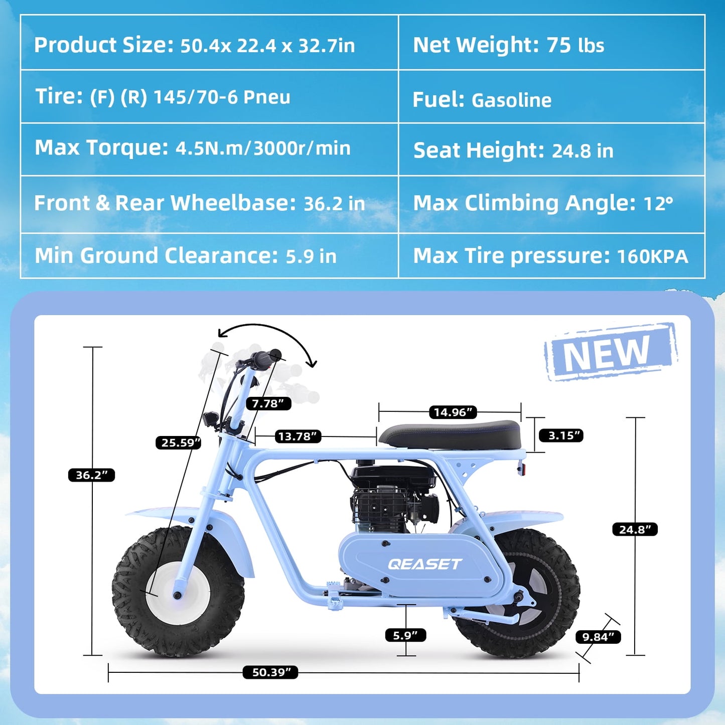 QEASET 99cc Dirt Bike, Gas Powered, 4-Stroke with LED Headlight, 25MPH Minibike Trail Bike, Pull Start, Poucket Bike for Teenager and Adult, Summer Gift