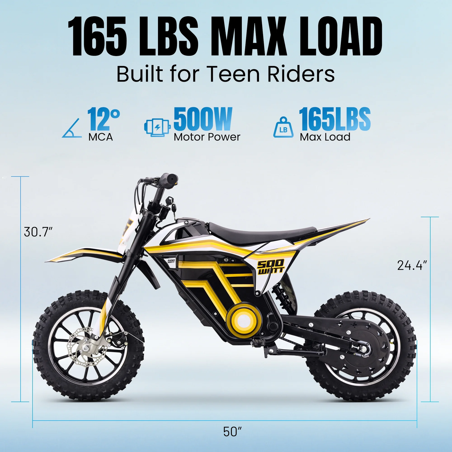 Aoemoe Motorcycle, Motorized Dirt Bikes for kids 8-14, 36V 500W – 15 MPH Top Speed, Dual Suspension, Yellow