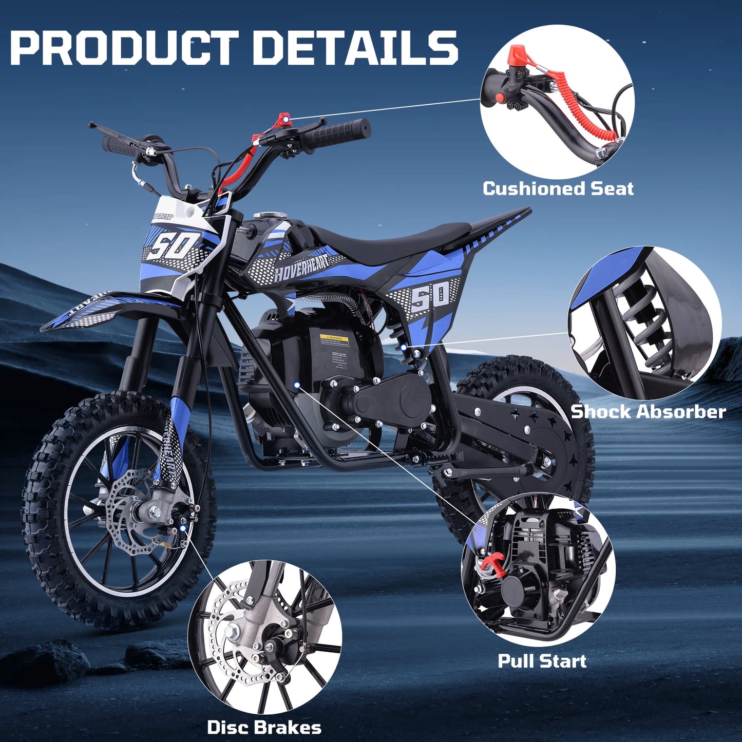 Gas Dirt Bike, 50cc 4-Stroke Gas Powered Kids Off Road Motorcycle (Model-DB4S004) with Off-Road Tire, Suspensions, Disc Brakes, Max Load 165Lbs, Up to 25Mph, NO OIL MIX REQUIRED