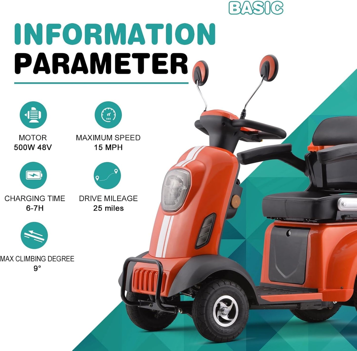 Aoemoe 4-Wheel Mobility Scooter, Electric Heavy Duty Wheelchair, 500 Lb Limit, Orange