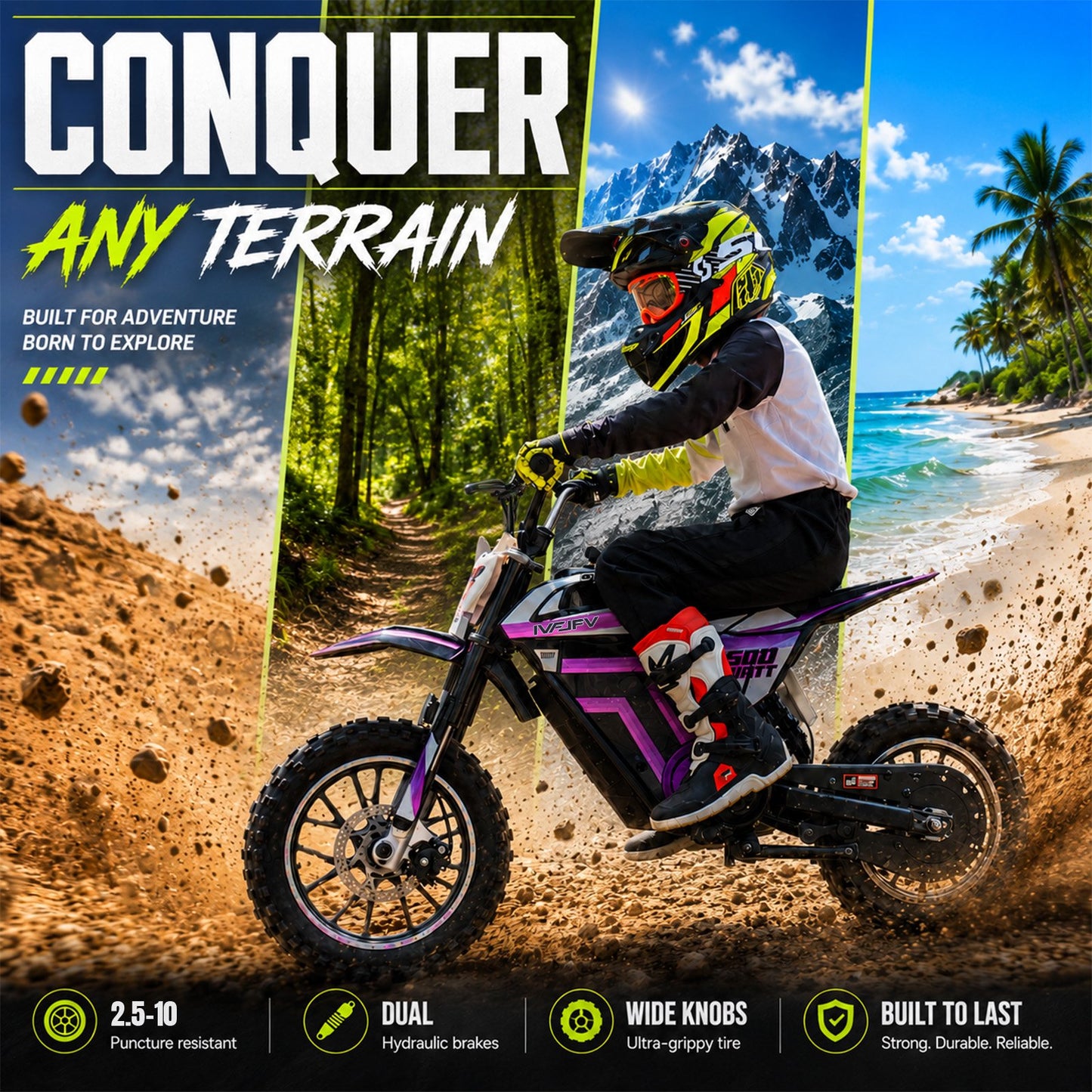 IVFJFV 500W Electric Dirt Bike for Kids,Up to 17.4MPH & 23.6 Miles,Two Speed Modes, Front & Rear Suspension,Mechanical Disc Brakes, 165 LBS,Beginner-Friendly Handle, All-Terrain,PURPLE