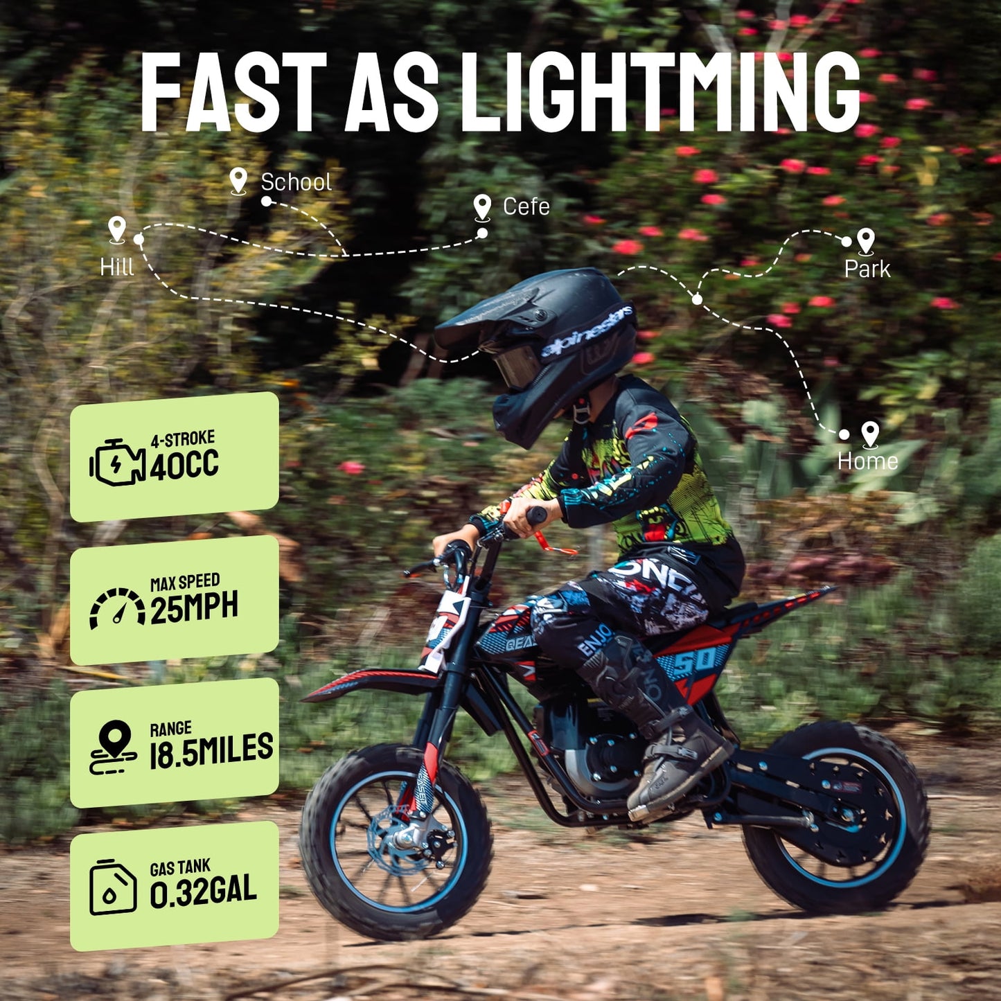 Upgrade Gas Dirt Bike,40cc 4-Stroke Gas Powered Kids Off Road Motorcycle with Off-Road Tire,Suspensions,Disc Brakes,Max Load 165Lbs,Up to 25Mph(Red)