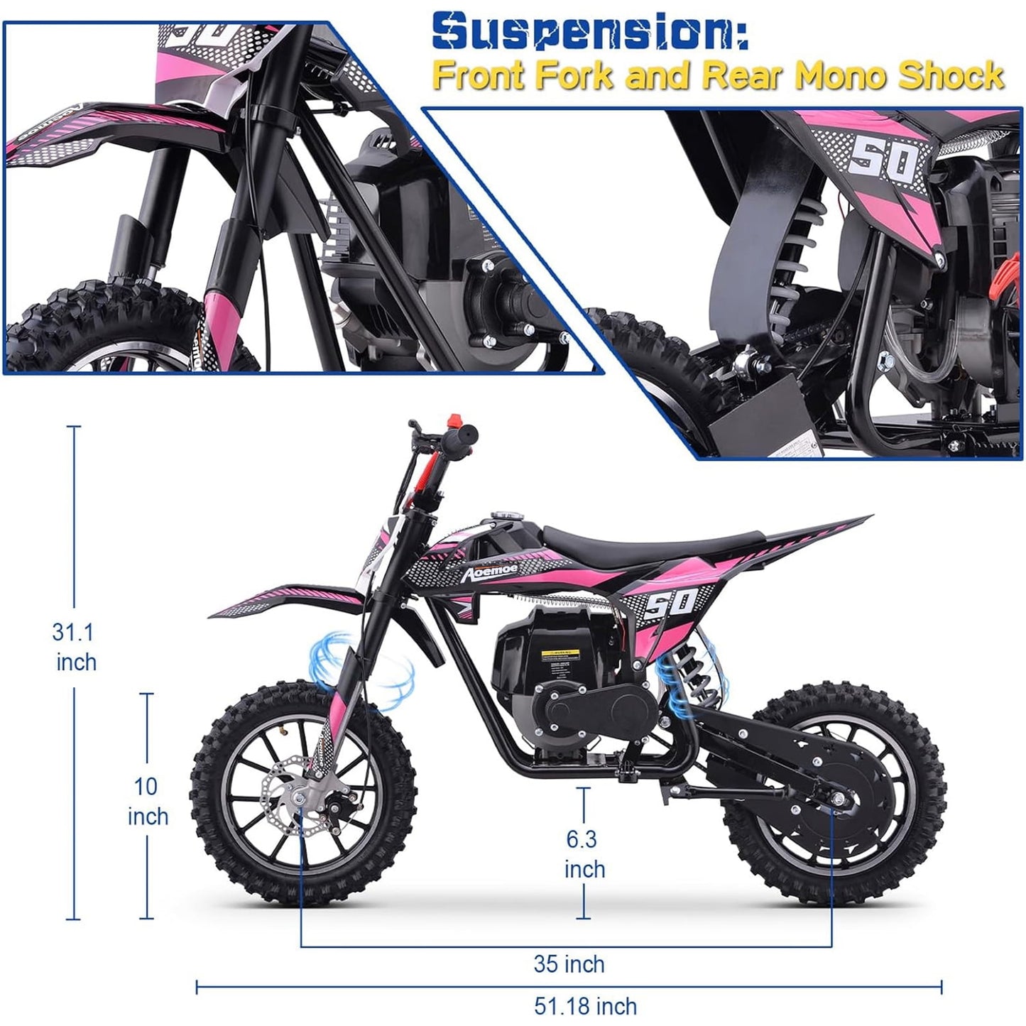Aoemoe 40cc 4-Stroke Kids Mini Dirt Bike, Gas Powered, Rear Suspension & Disc Brakes, 20Mph/165Lbs,Pink