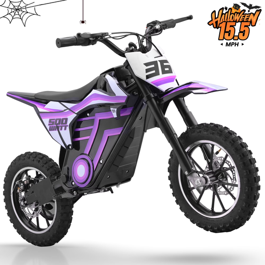 QEASET Motorcycle, Motorized Dirt Bikes for kids 8-14, 36V 500W – 15.5 MPH Top Speed, Dual Suspension, Purple
