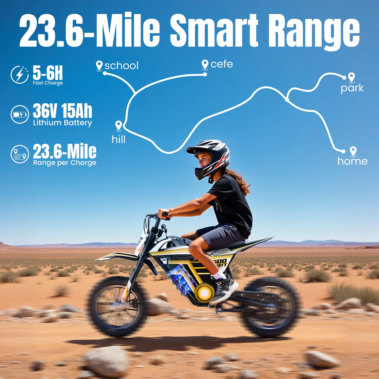 QEASET Motorcycle, Motorized Dirt Bikes for kids 8-14, 36V 500W – 15.5 MPH Top Speed, Dual Suspension, Blue