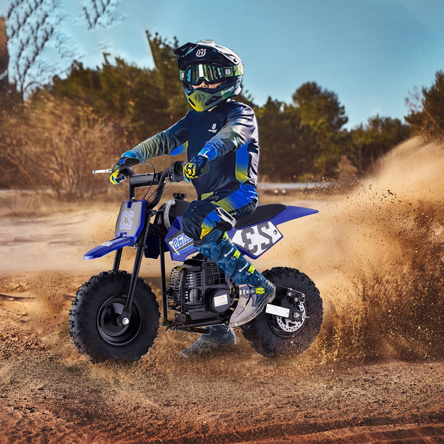 QEASET Mini Kid Dirt Bike,49 CC 2-Stroke Gas Bike with Off-Rode Tire,up to 20Mph, EPA Approved(Blue)