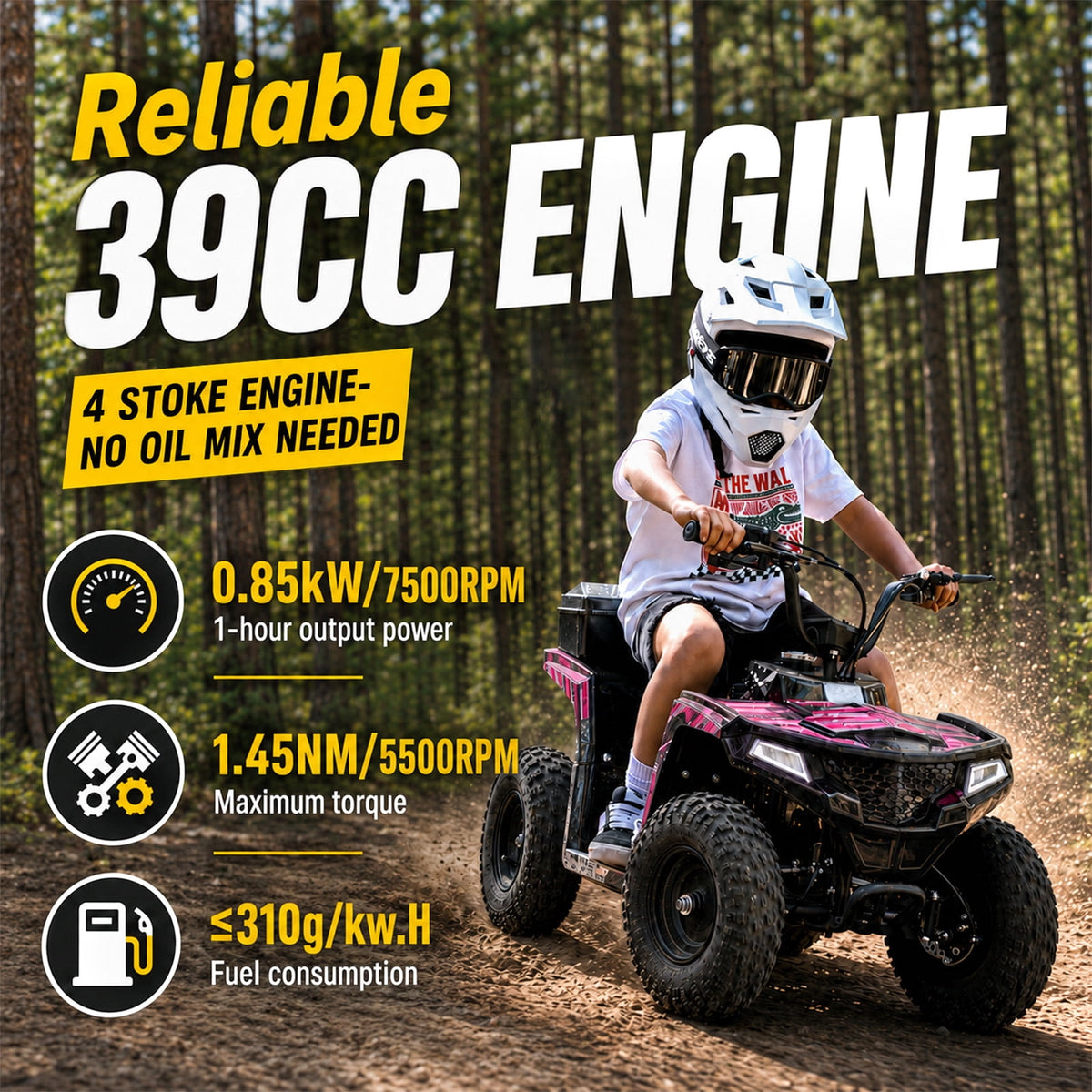 39cc Teen Gas ATV, Gas Powered 4 Wheeler for Teens 13+, 4-Stroke Beginner ATV, Up to 15 MPH, Adjustable Speed, Safety Switches, Front & Rear Brakes - Pink