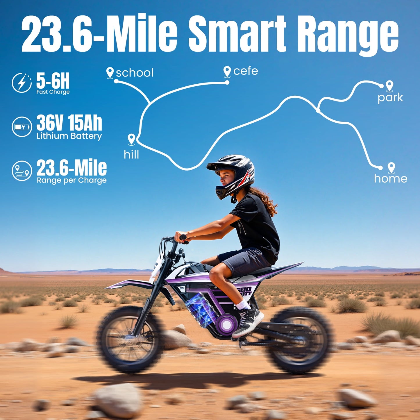 36V Electric Dirt Bike for Kids,IVFJFV 500W Kids Electric Dirt Bike, All Terrain Off-Road E Dirt Bike with Front & Rear Disc Brakes,Dual Speed Mode Max 17.4 MPH,23.6 Miles Long Range,PURPLE