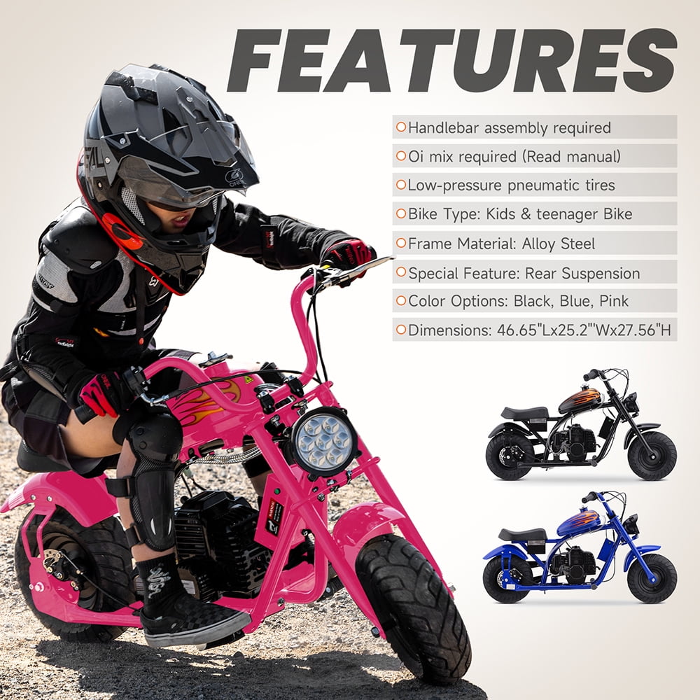 Aoemoe Gas Mini Chopper Bike, DB004 Model 49.4 CC 2-Stroke Powered Mini Bike, Pink