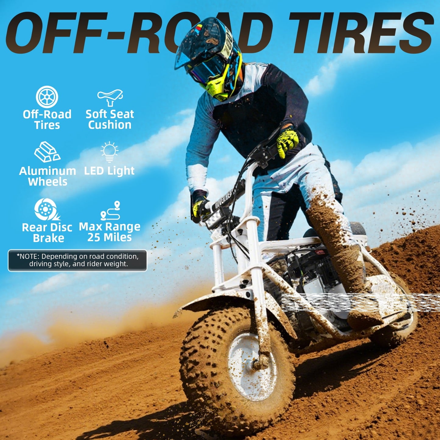 HOVERHEART Gas Mountain Bike, 105cc 4-Stroke Gas Powered Off Road Motorcycle (Model-MB0001) with Led Lights, Disc Brake, Max Load 200Lbs, Up to 30Kph, NO OIL MIX REQUIRED