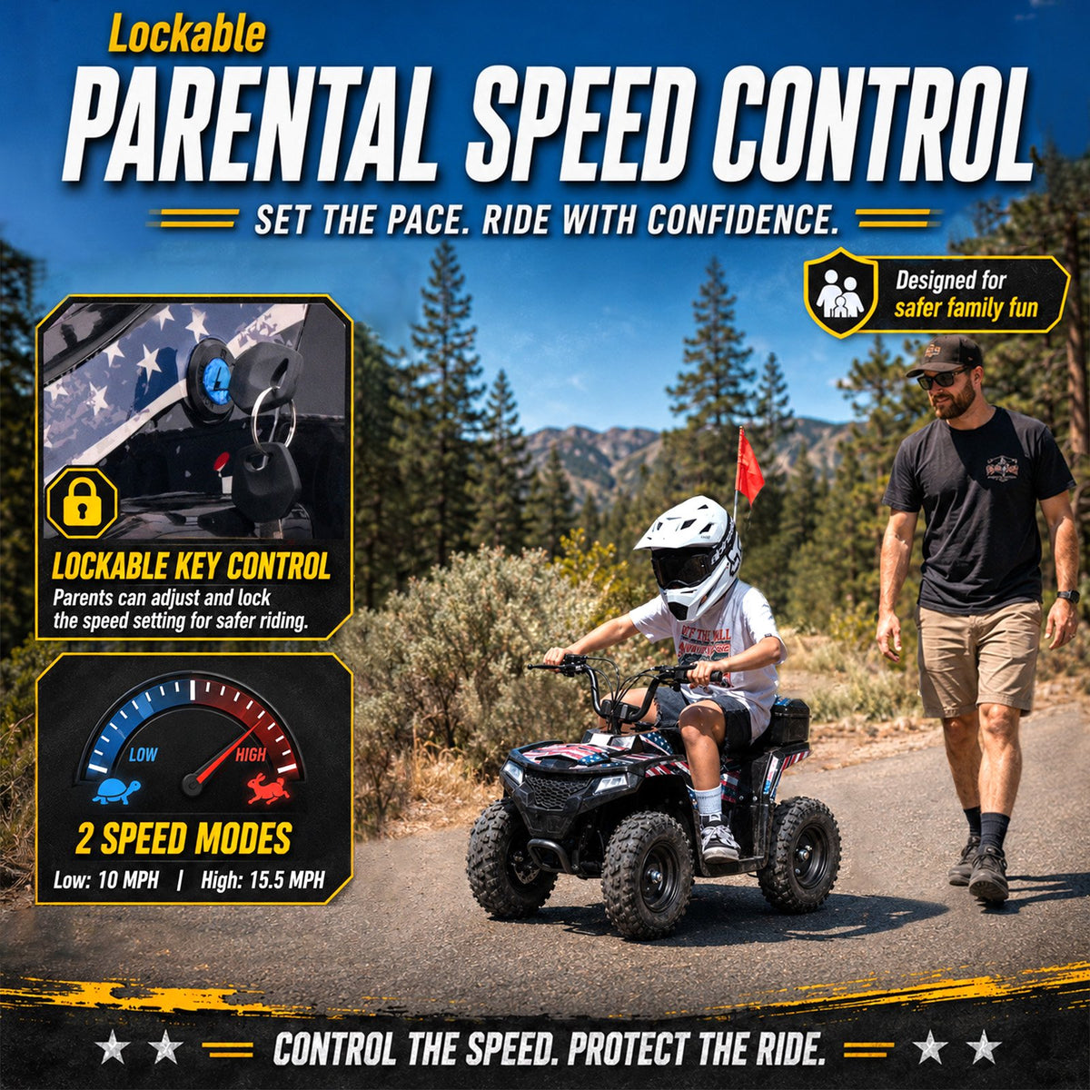 39cc Teen Gas ATV, Gas Powered 4 Wheeler for Teens 13+, 4-Stroke Beginner ATV, Up to 15 MPH, Adjustable Speed, Safety Switches, Front & Rear Brakes Flag
