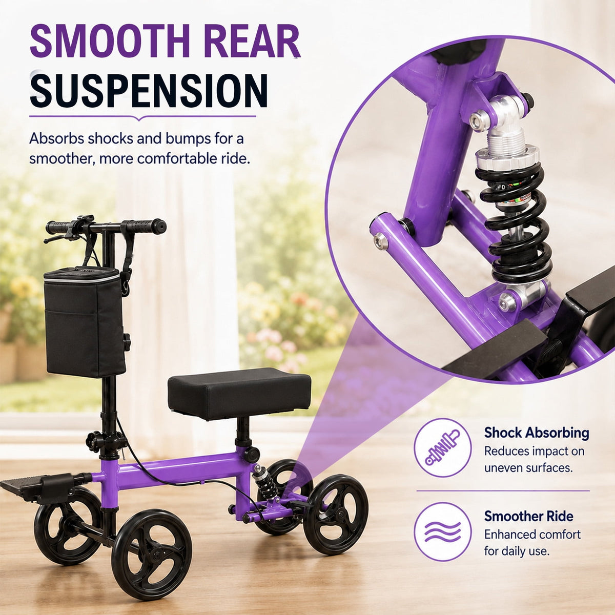 QEASET Knee Walker, Foldable Knee Scooter with Brake & Bag, Purple